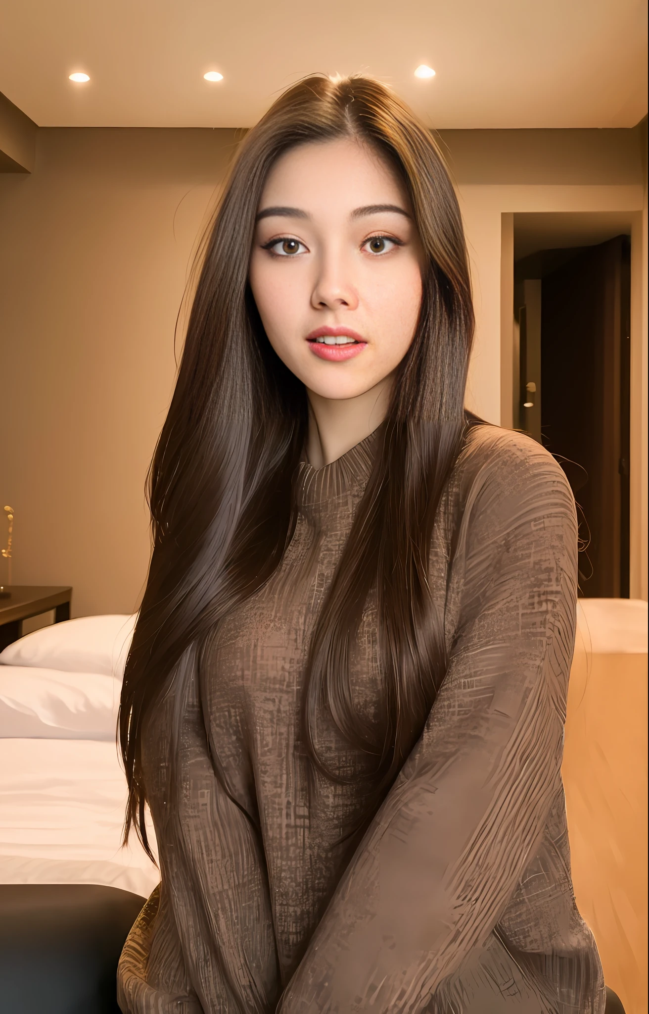 ((Best quality, 8k, Masterpiece :1.3)), Whole body, Long legs, Sharp focus :1.2, A pretty young girl with perfect figure :1.4, Slender abs :1.2, ((Dark brown long hair)), brown grid winter clothings:1.1, (luxury room view :1.1), Highly detailed face and skin texture, Detailed eyes, Double eyelid, Teen british-asian girl
