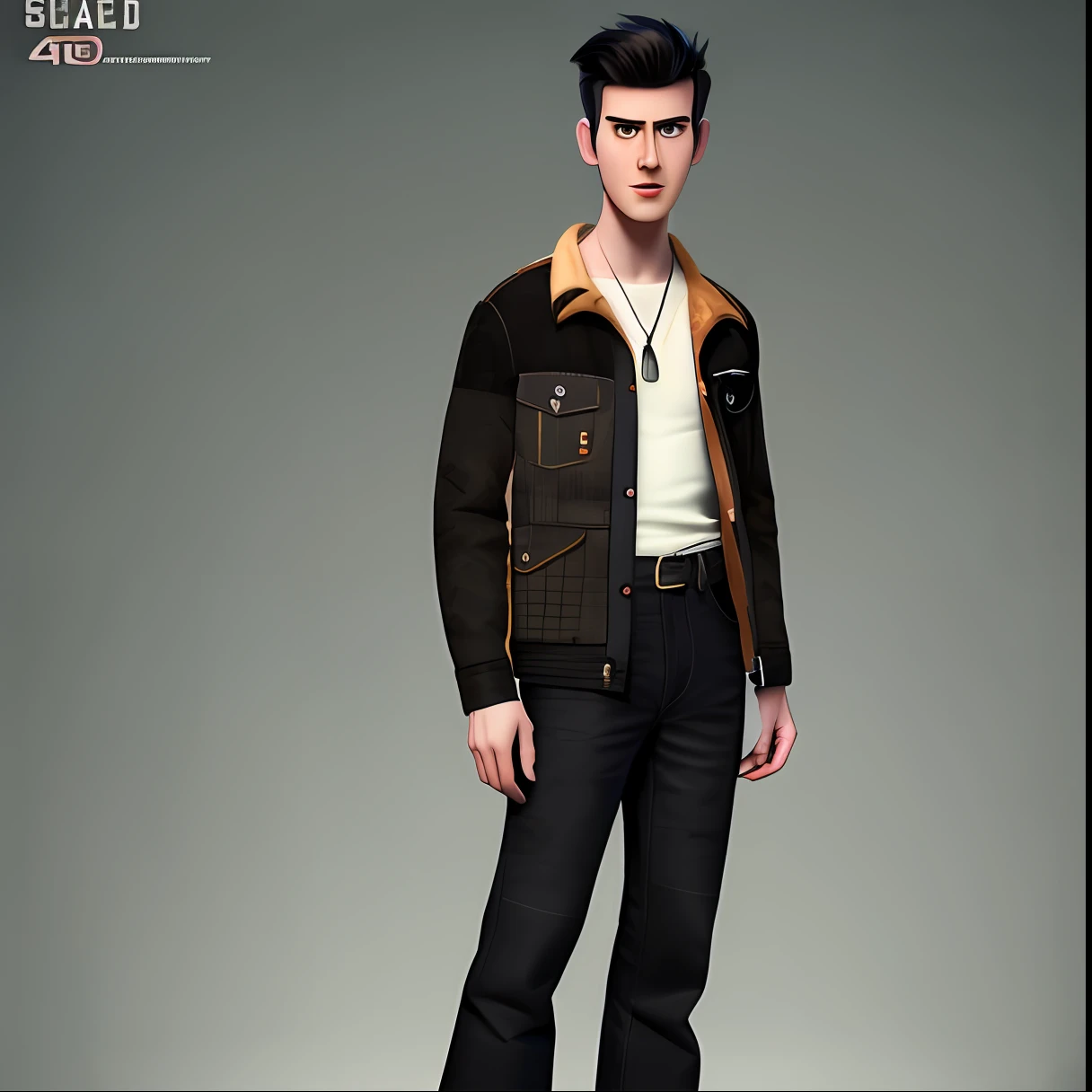 Pixarstyle a waist-high portrait of a young man wearing suede jack in square, serious, gradient black hair, natural skin texture, 4K textures, HDR, intricate, highly detailed, sharp focus, cinematic visual, hyper-detailed