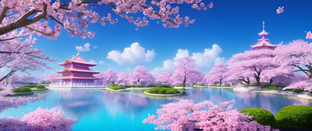 Magic=palace, Sakura lsland,
paradise, white, pink, luminous water, Sakura, mnagic,
realism, redshift renderiing, 3D, super detail, lifeliike,8K,
masterpiece, functionaal art station, top view, panorama,
super wide angle