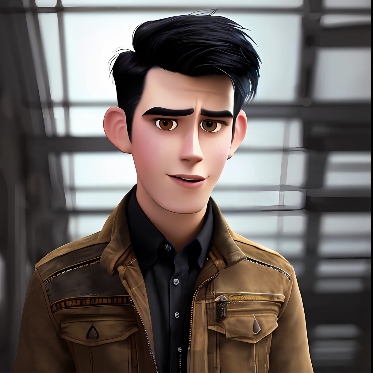 Pixarstyle a waist-high portrait of a young man wearing suede jack in square, serious, gradient black hair, natural skin texture, 4K textures, HDR, intricate, highly detailed, sharp focus, cinematic visual, hyper-detailed