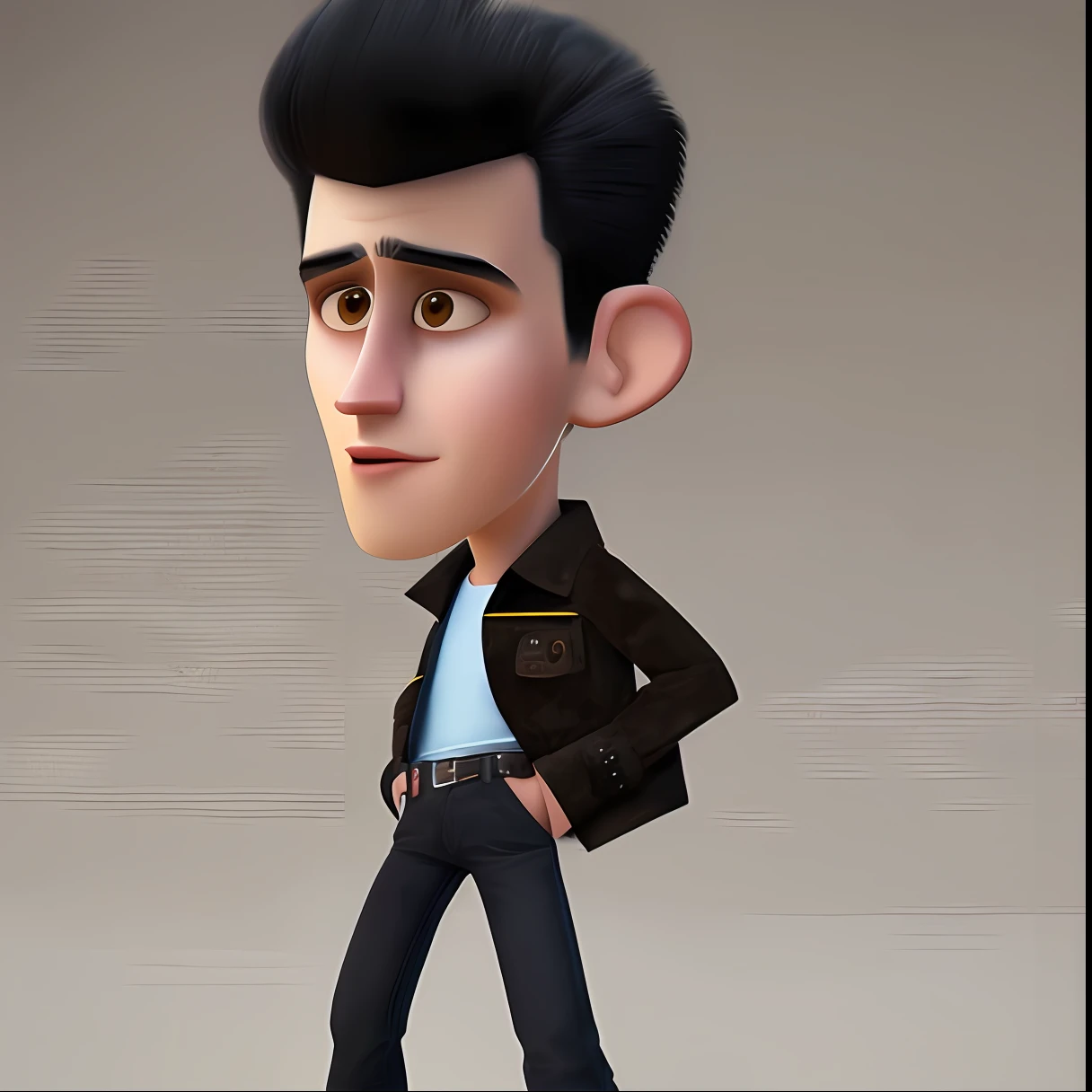 Pixarstyle a waist-high portrait of a young man wearing suede jack in square, serious, gradient black hair, natural skin texture, 4K textures, HDR, intricate, highly detailed, sharp focus, cinematic visual, hyper-detailed