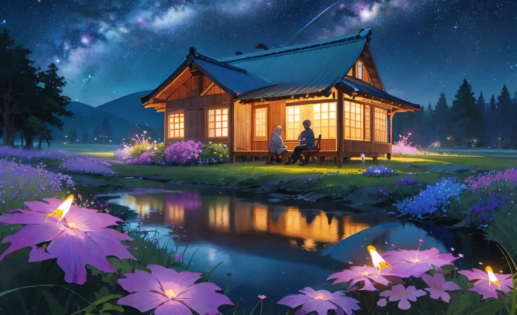 At night, the Milky Way, the sea of flowers, the wooden house, the stream, the fireflies, the couple sitting on the grass,