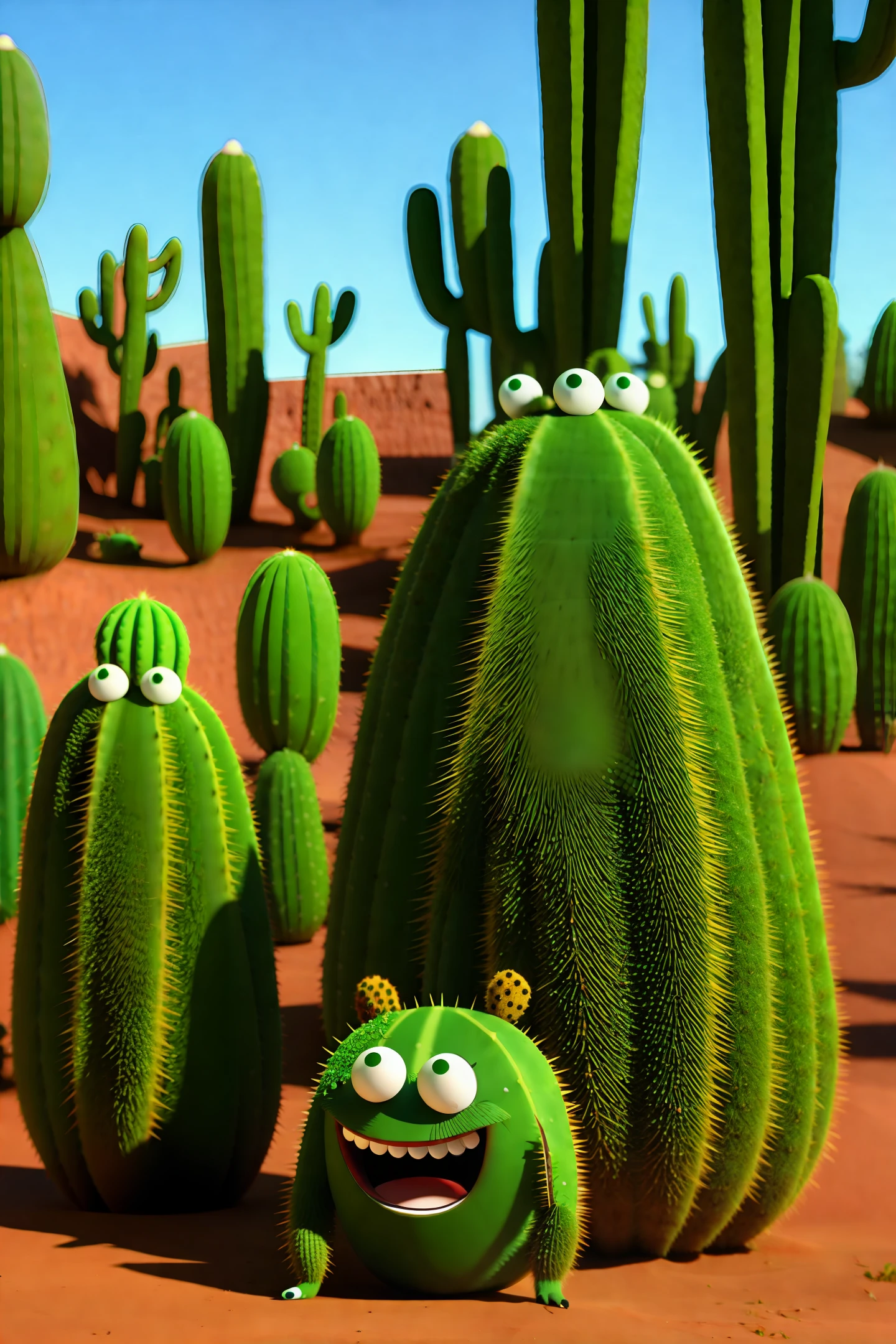anthills made from adorable cactus,with big eyes,smiling face,animation,upscales