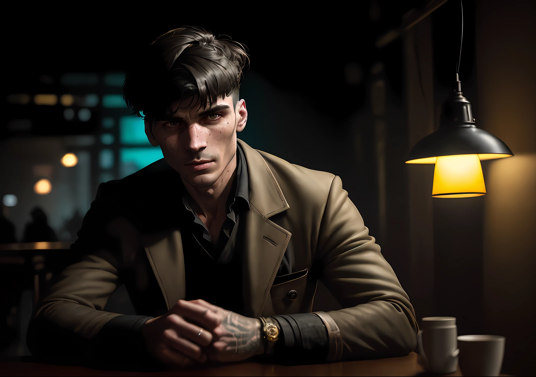 Thomas shelby dark photo: sitting at the table, realistic epic, portrait of, green eyes of Atey Ghailan, Greg Rutkowski, Greg Tocchini, James Gilleard, Joe Fenton, Kaethe Butcher, yellow gradient, black, brown and magenta color scheme, grunge aesthetic!!! Graffiti brand wall background, art by Greg Rutkowski and Artgerm, soft cinematic light, Adobe Lightroom, Photo Lab, HDR, intricate, highly detailed, (depth of field: 1.4), faded, (neutral colors: 1.2), (HDR: 1.4), (soft colors:1.2), hyperdetailed, (Artstation:1.4), cinematic, warm lights, dramatic light, (intricate details:1.1), complex background, (Rutkowski:0.66), (blue and orange:0.4)