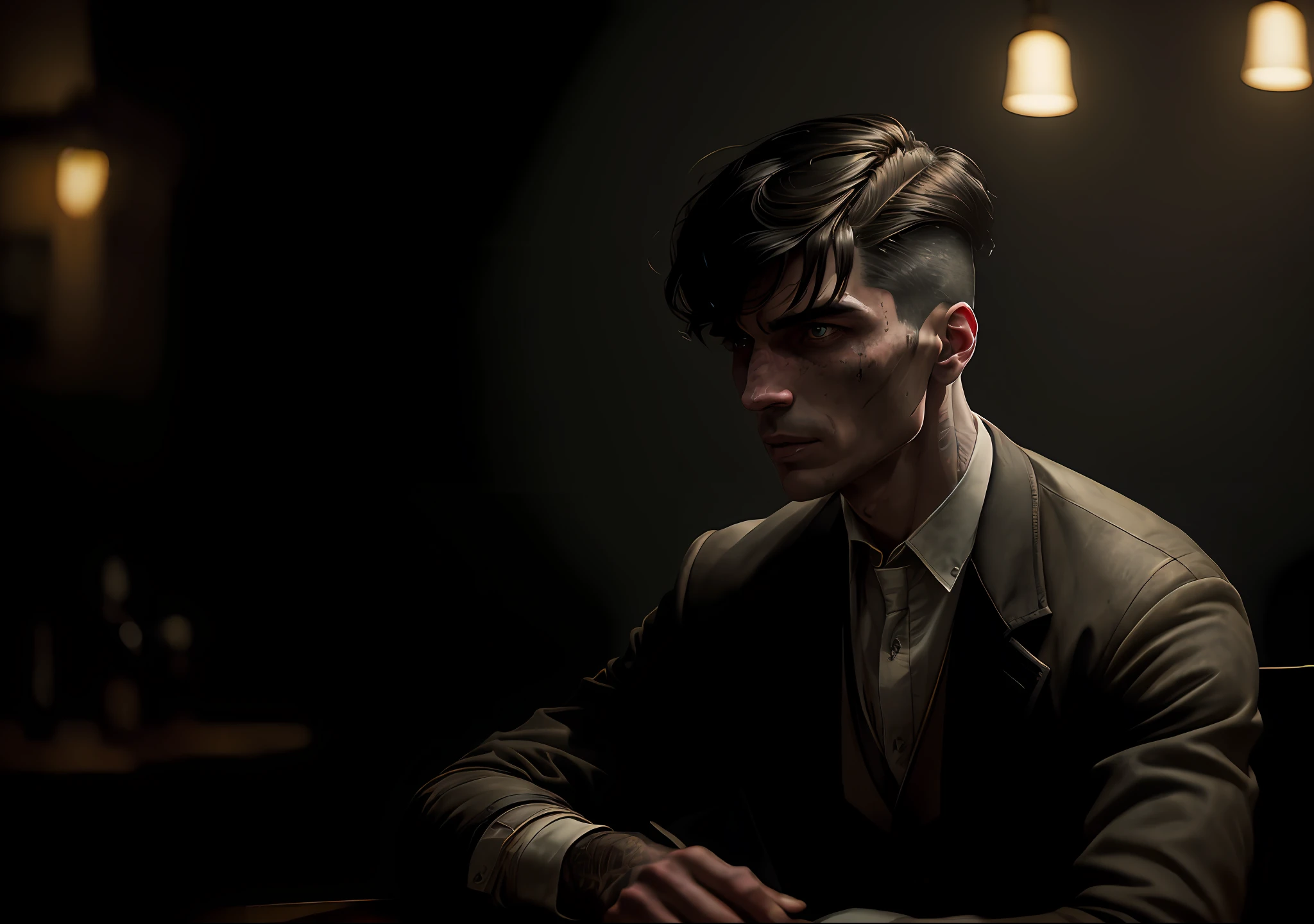Thomas shelby dark photo: sitting at the table, realistic epic, portrait of, green eyes of Atey Ghailan, Greg Rutkowski, Greg Tocchini, James Gilleard, Joe Fenton, Kaethe Butcher, yellow gradient, black, brown and magenta color scheme, grunge aesthetic!!! Graffiti brand wall background, art by Greg Rutkowski and Artgerm, soft cinematic light, Adobe Lightroom, Photo Lab, HDR, intricate, highly detailed, (depth of field: 1.4), faded, (neutral colors: 1.2), (HDR: 1.4), (soft colors:1.2), hyperdetailed, (Artstation:1.4), cinematic, warm lights, dramatic light, (intricate details:1.1), complex background, (Rutkowski:0.66), (blue and orange:0.4)