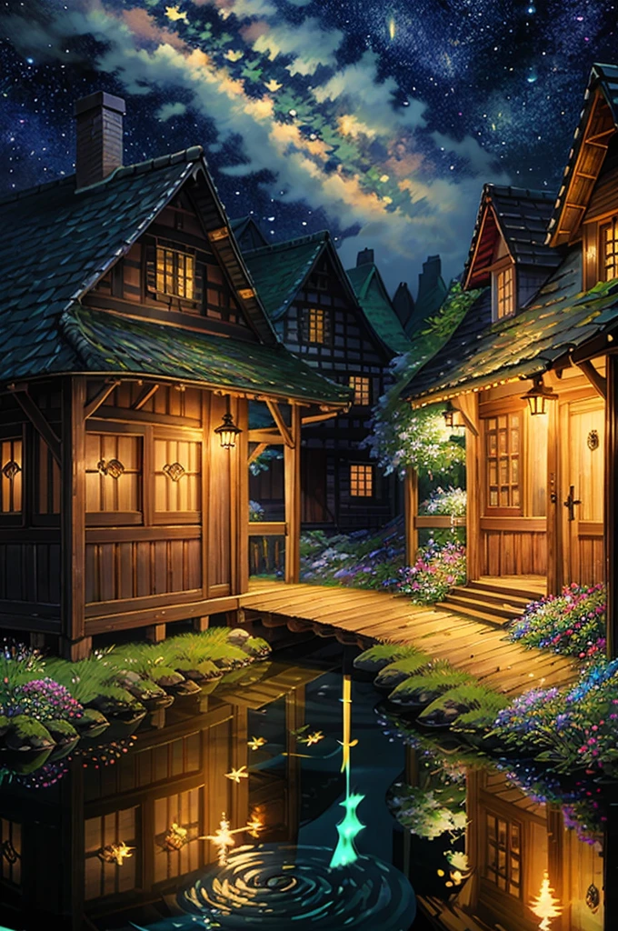 At night, the Milky Way, the sea of flowers, the wooden house, the stream, the fireflies, the couple sitting on the grass