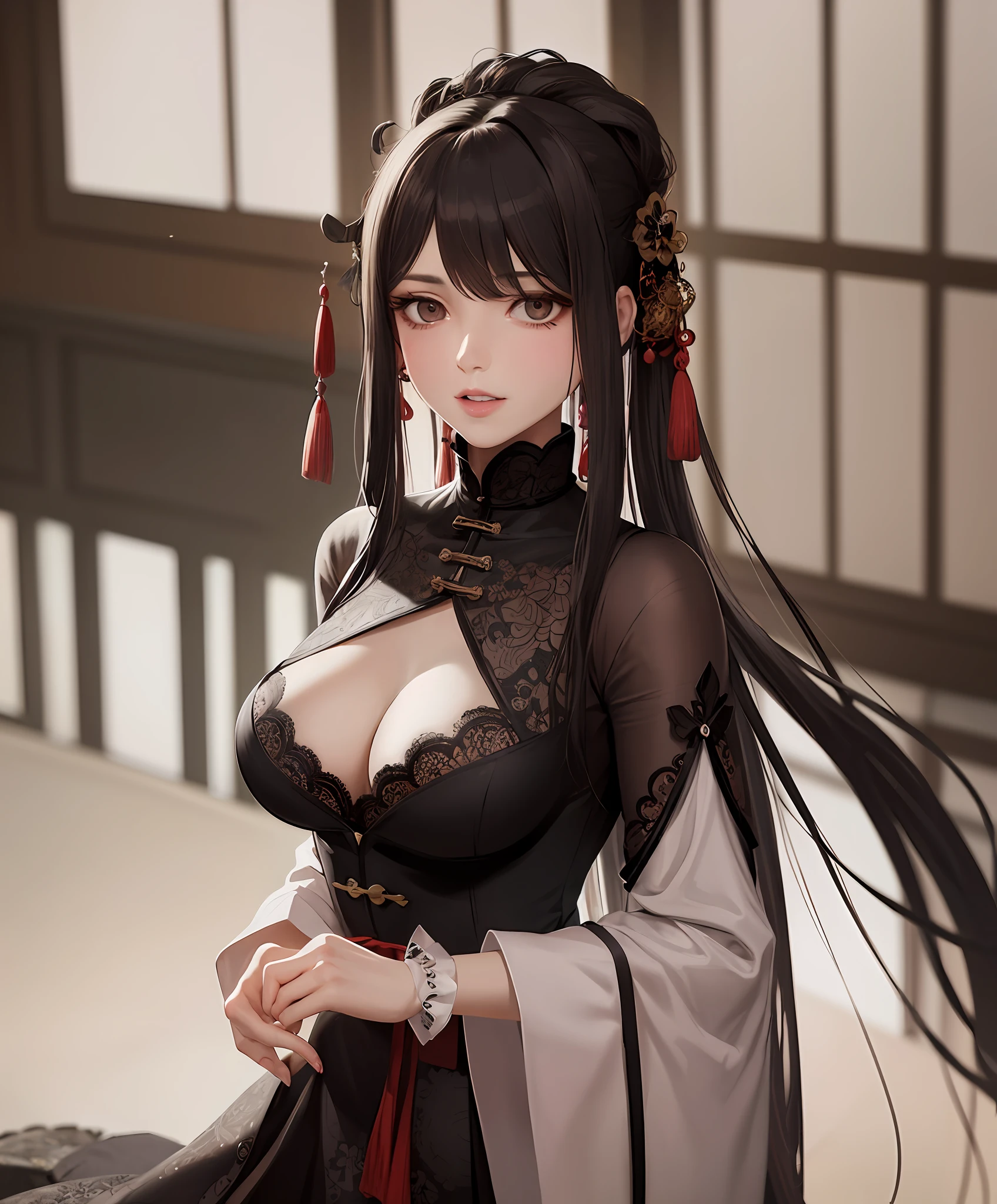 (masterpiece, best quality: 1.2), traditional Chinese ink painting, A cute 18 year old female with medium  breasts, sexy white lace , Oversized dress :1.5, Couch, Ultra-detailed face, Detailed eyes, Double eyelid, sfw , long dress,