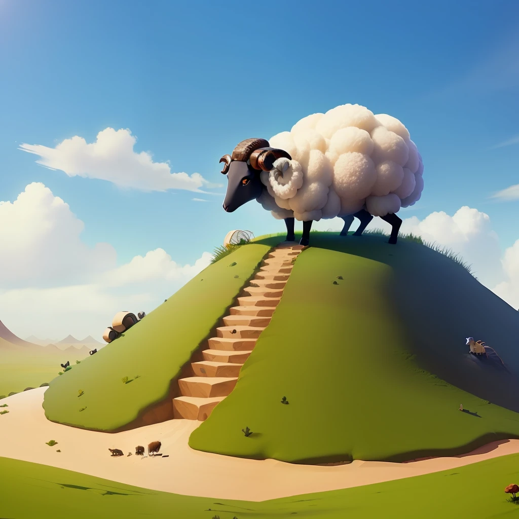 a funny sheep on an giant ant hill, funny, animation, fantasy