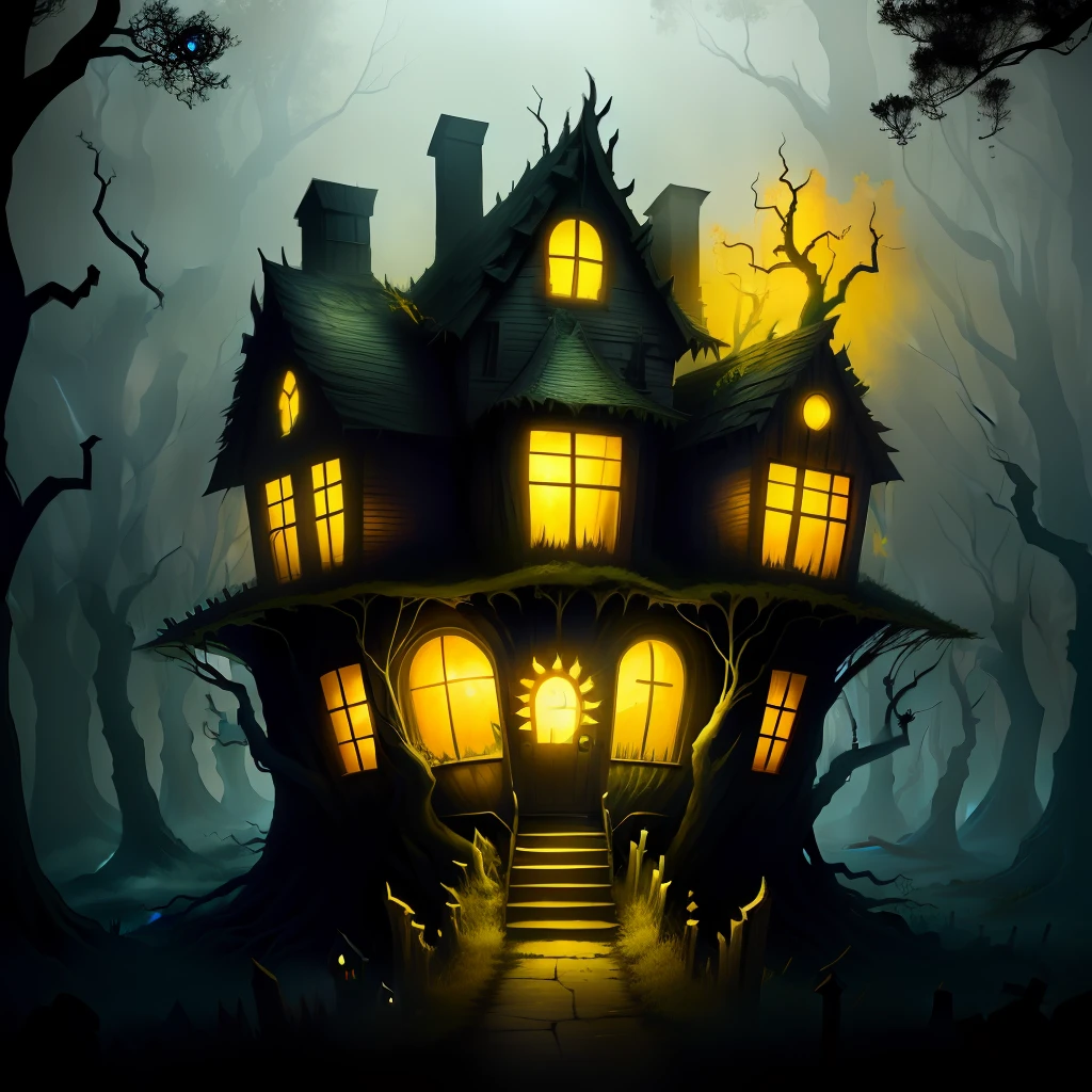 chomping spooky monster house with dead trees, wisps, and yellow floating eyes in the surroundings