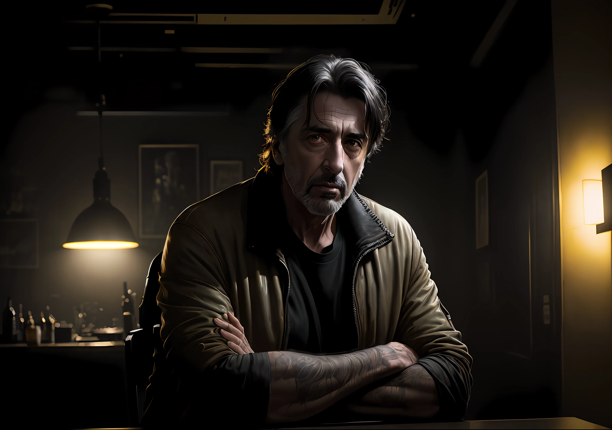 Al Pacino dark photo: sitting at the table, realistic epic, portrait of, green eyes of Atey Ghailan, Greg Rutkowski, Greg Tocchini, James Gilleard, Joe Fenton, Kaethe Butcher, yellow gradient, black, brown and magenta color scheme, grunge aesthetic!!! Graffiti brand wall background, art by Greg Rutkowski and Artgerm, soft cinematic light, Adobe Lightroom, Photo Lab, HDR, intricate, highly detailed, (depth of field: 1.4), faded, (neutral colors: 1.2), (HDR: 1.4), (soft colors:1.2), hyperdetailed, (Artstation:1.4), cinematic, warm lights, dramatic light, (intricate details:1.1), complex background, (Rutkowski:0.66), (blue and orange:0.4)