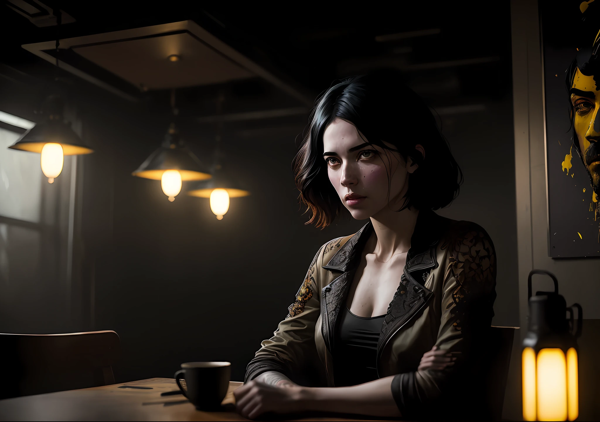 Al Pacino dark photo: sitting at the table, realistic epic, portrait of, green eyes of Atey Ghailan, Greg Rutkowski, Greg Tocchini, James Gilleard, Joe Fenton, Kaethe Butcher, yellow gradient, black, brown and magenta color scheme, grunge aesthetic!!! Graffiti brand wall background, art by Greg Rutkowski and Artgerm, soft cinematic light, Adobe Lightroom, Photo Lab, HDR, intricate, highly detailed, (depth of field: 1.4), faded, (neutral colors: 1.2), (HDR: 1.4), (soft colors:1.2), hyperdetailed, (Artstation:1.4), cinematic, warm lights, dramatic light, (intricate details:1.1), complex background, (Rutkowski:0.66), (blue and orange:0.4)
