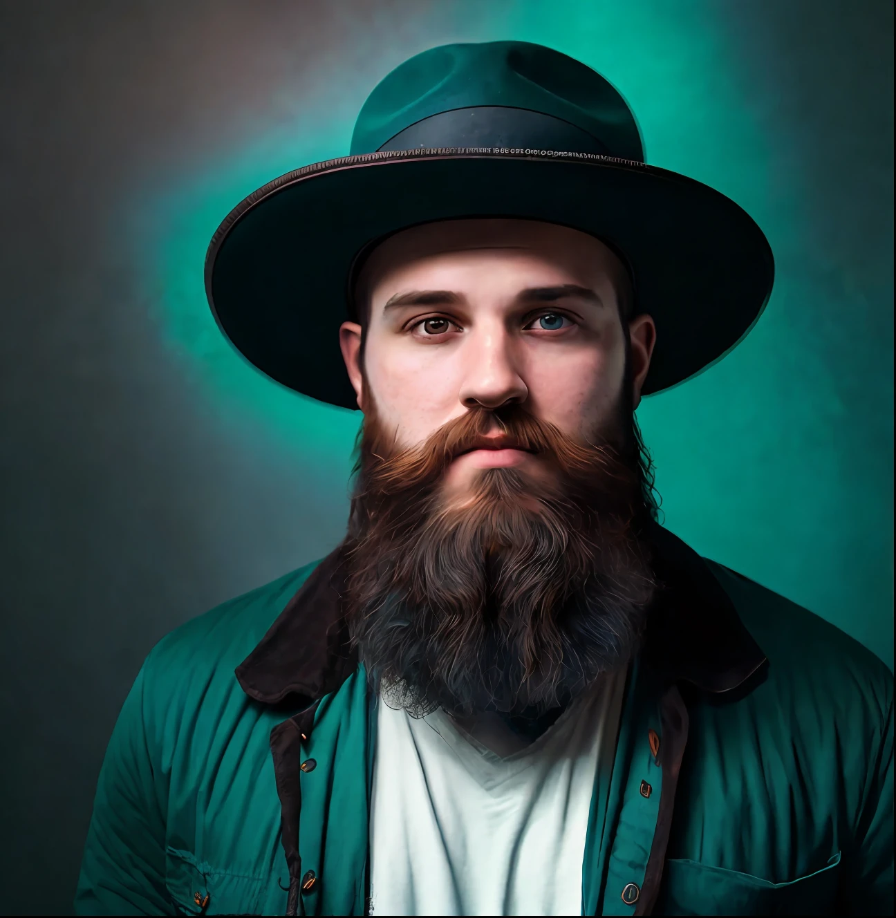 Portrait of an award-winning photo of a 28-year-old man with a beard and hat posing in a dark studio, (rim lighting,: 1.4) two-tone lighting, sharp focus, teal hue, octane, unreal, dimly lit, low key,