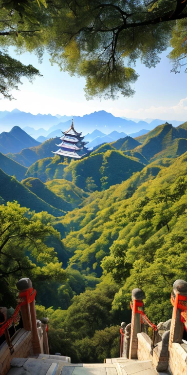 The scenery of Mount Tai in China is realistic, and children climb mountains