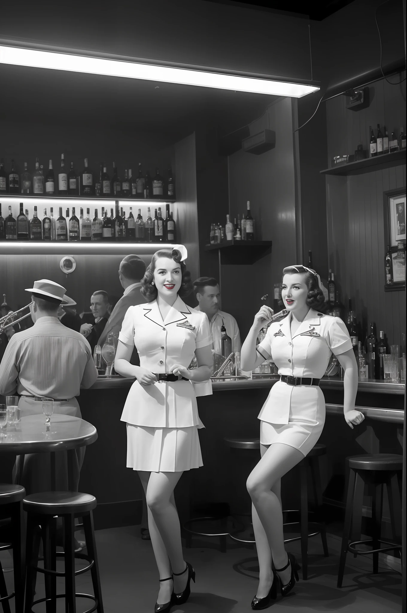 Betty full body (1940s style, sailor suit, high detail: 1.3), (high detail face: 1.8), (1940s pompadour: 1.3), (slim body, small breasts, small hips: 1.5), ( Leaning on the bar: 1.5), (background inside a dark, old 1940s big band bar: 1.4), (soft studio lighting, volumetric shadows), JCH Street Pan, ISO 100