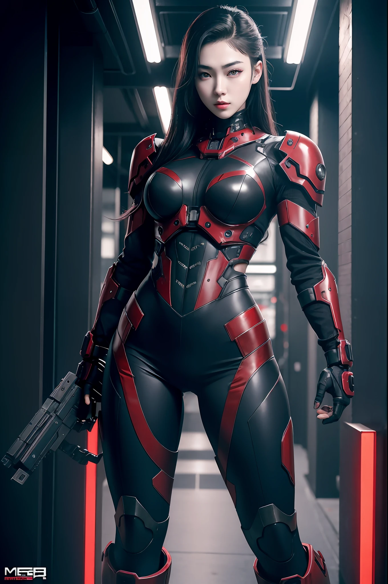 pale skin, korean, young, thick eyebrows, red colored eyes, face can be seen, black wolf mecha body, metal gear inspired, cyberpunk, photorealistic, 8k, masterpiece, anatomically correct, highres