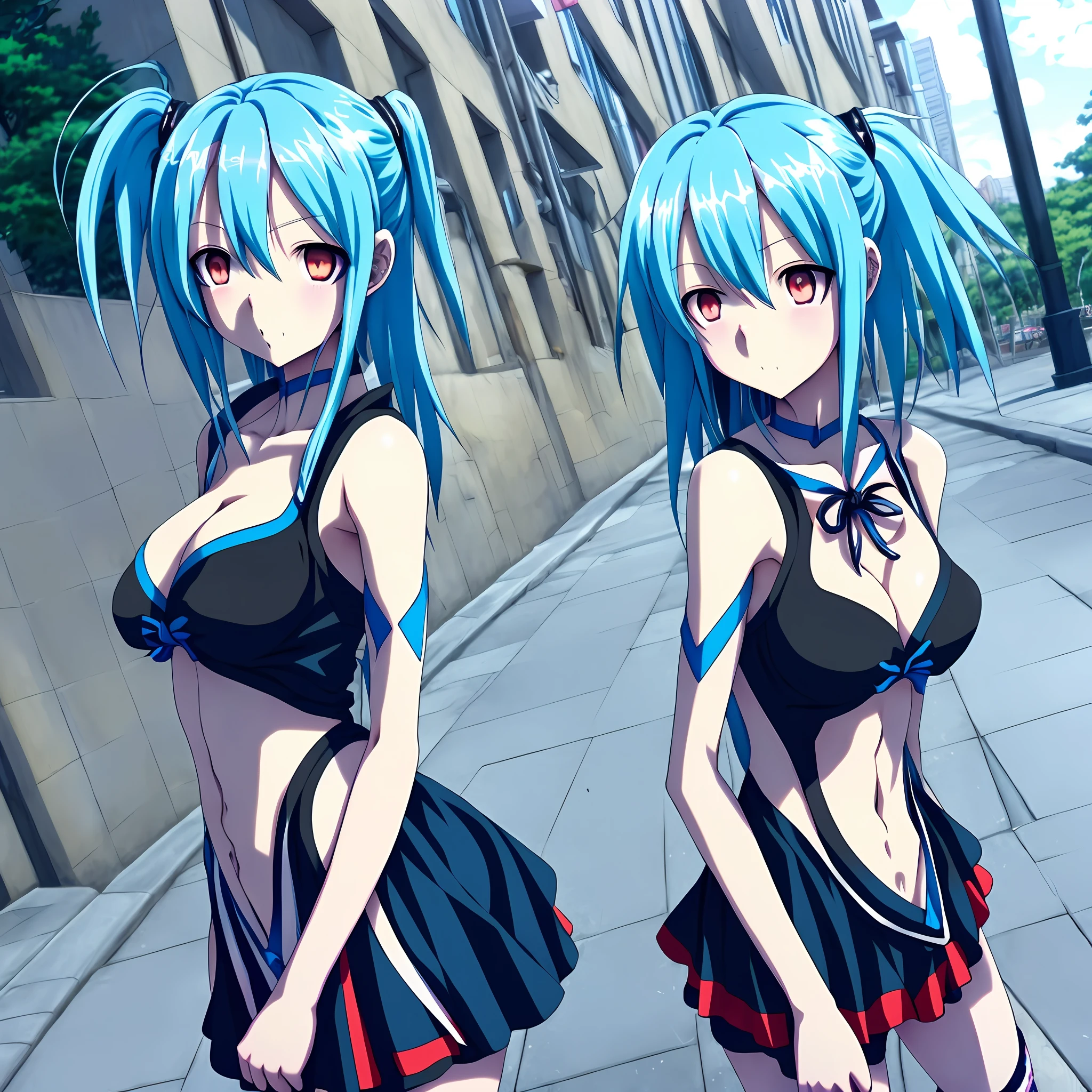 anime girl with blue hair and black top posing on sidewalk, anime moe artstyle, seductive anime girl, attractive anime girl, full body portrait of a short!, yandere. tall, an anime girl, anime girl, high quality anime artstyle, anime style 4 k, smooth anime cg art, (anime girl), realistic anime artstyle, small curvy loli