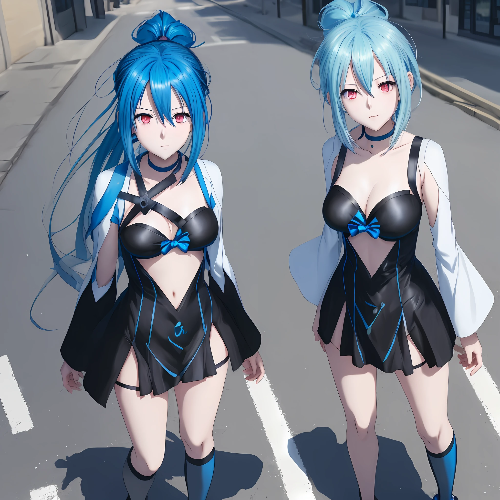 anime girl with blue hair and black top posing on sidewalk, anime moe artstyle, seductive anime girl, attractive anime girl, full body portrait of a short!, yandere. tall, an anime girl, anime girl, high quality anime artstyle, anime style 4 k, smooth anime cg art, (anime girl), realistic anime artstyle, small curvy