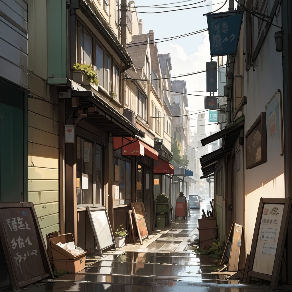 (masterpiece, best quality), Photo if a cafe ,wet Street,sunny day ,small buildings,busy street , trash been, nostalgia, ultra quality, hyper detailed