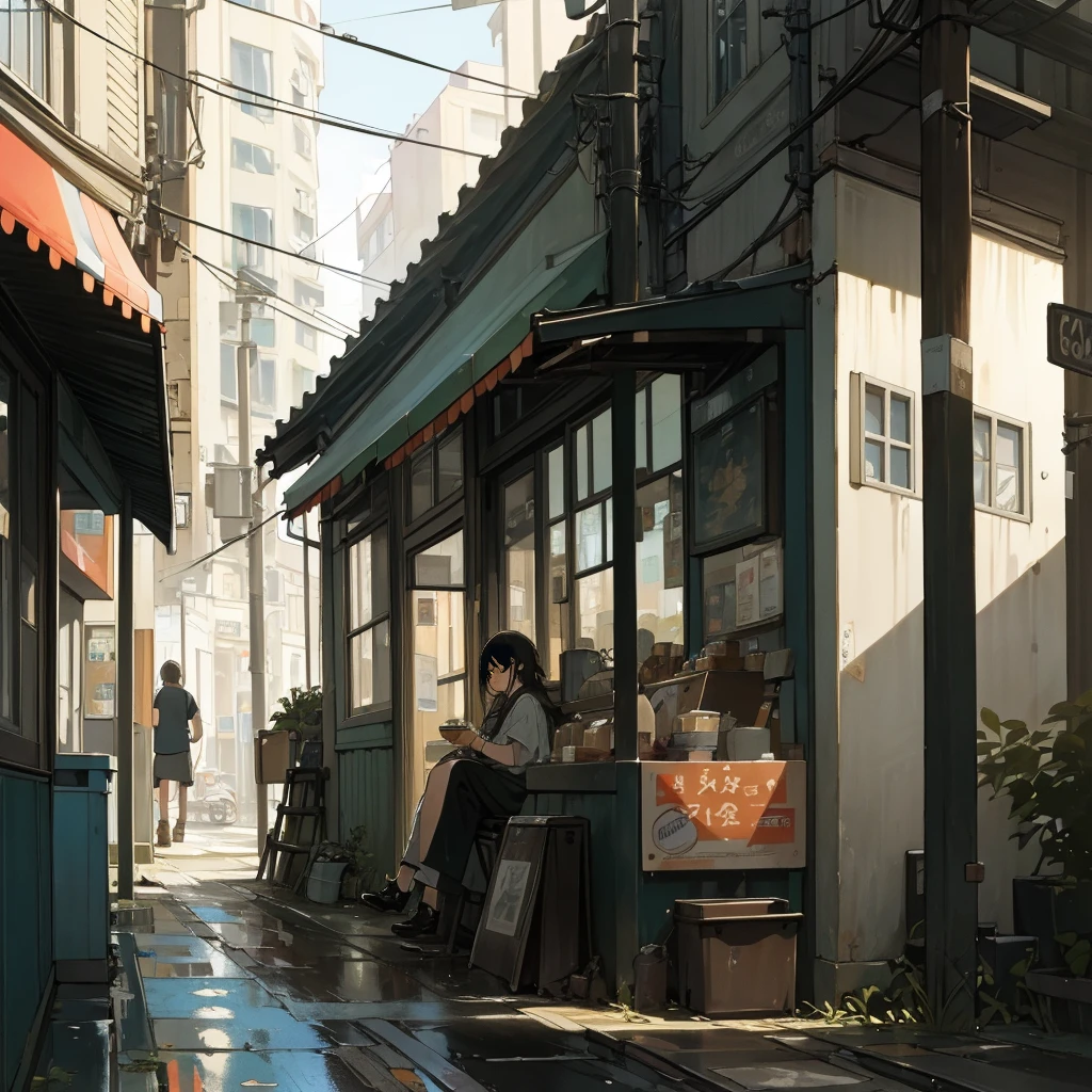 (masterpiece, best quality), Photo if a cafe ,wet Street,sunny day ,small buildings,busy street , trash been, nostalgia, ultra quality, hyper detailed