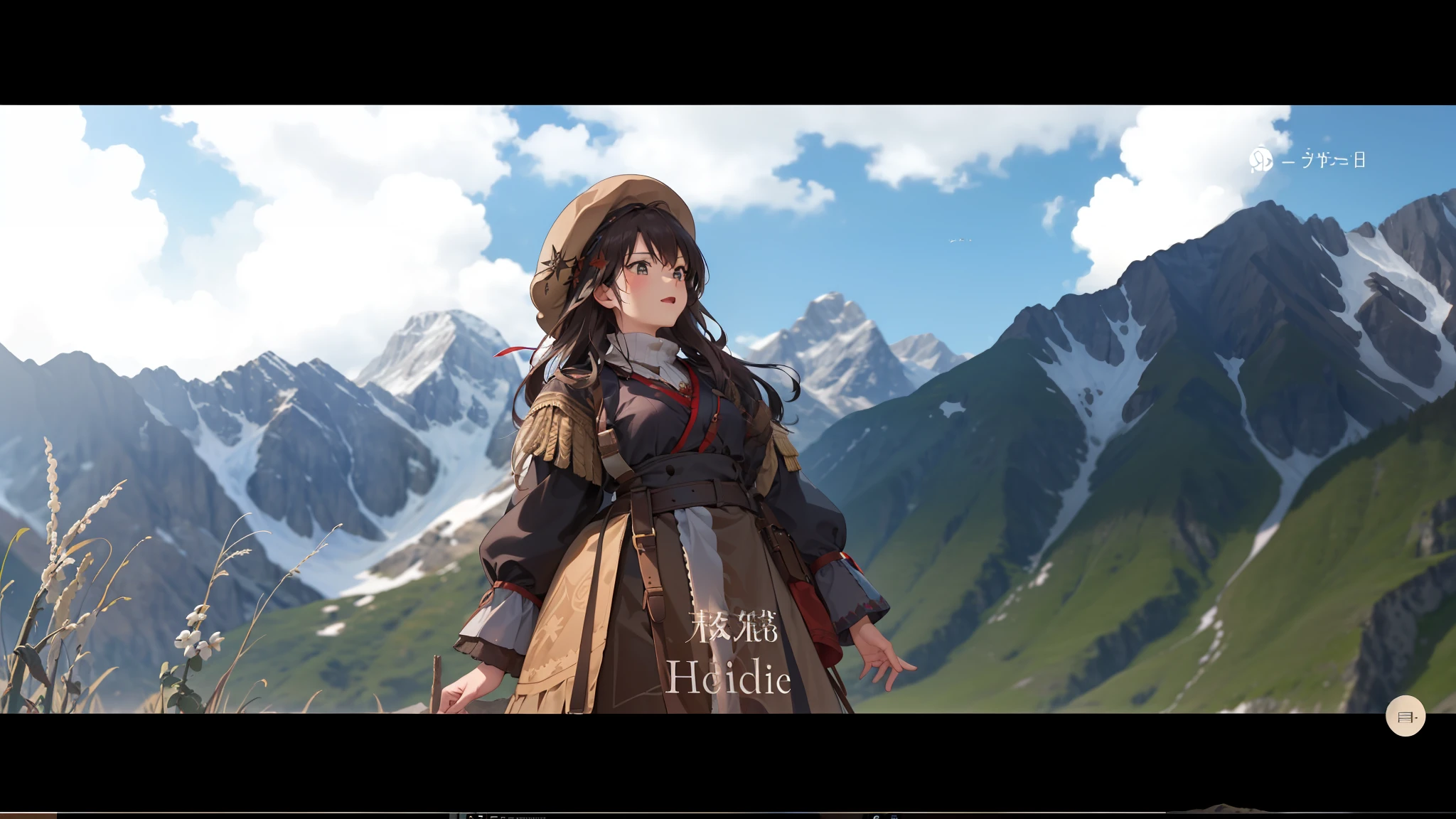 In a field set against the backdrop of mountains, there is only one woman, her name is Heidi, the protagonist of a live-action movie. Dressed in traditional Alpine clothing, she stands in the middle of a field, gazing confidently and haughtily ahead. The whole scene feels very shocking, there is a sense of tension and harmony, the picture resolution is high, you can clearly see the majesty of the Alpine mountains.