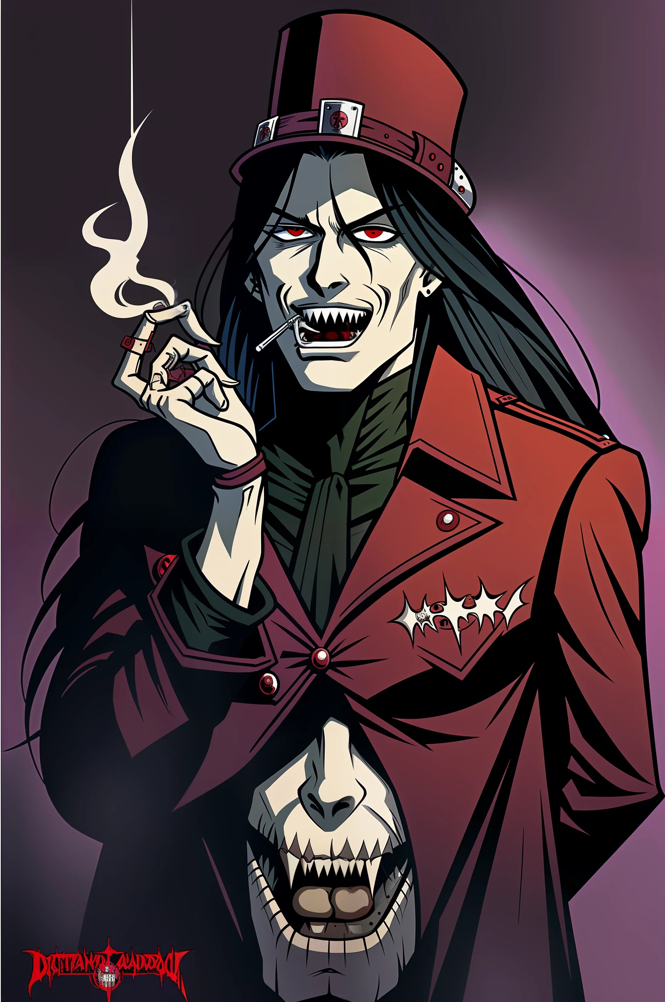 high quality,  Alucard, Hellsing, smoking reefer,  in a bar, digital art illustration, by  Darwyn Cooke