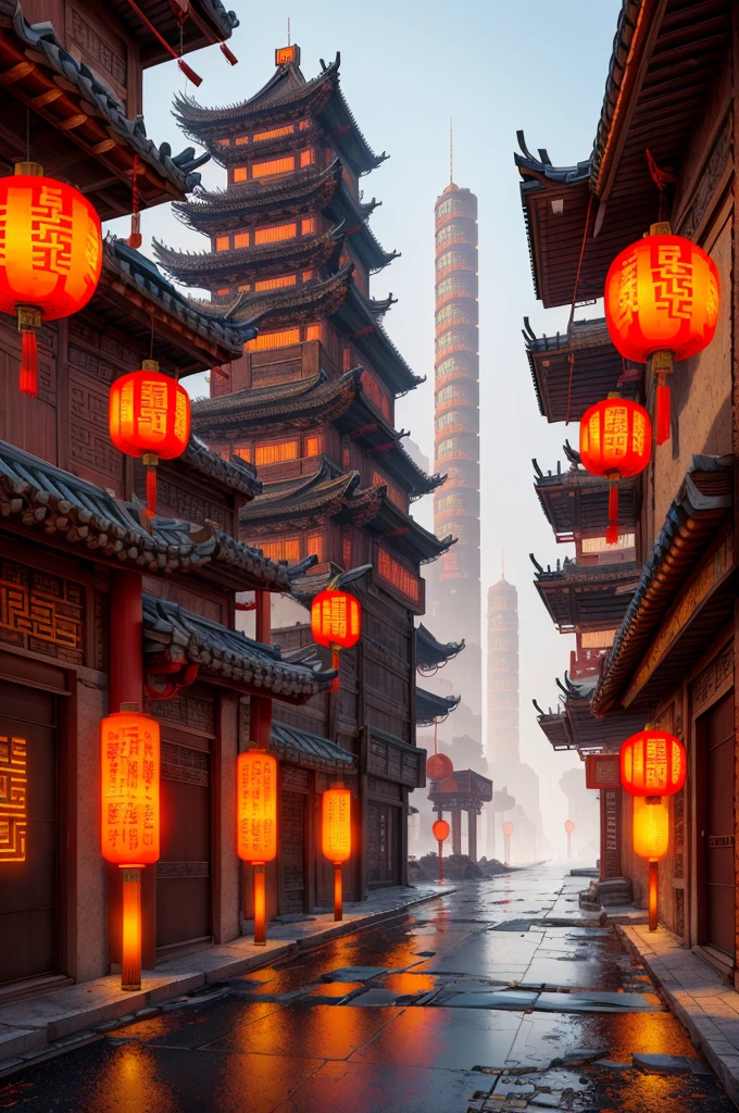 Half ancient Chinese city, half cyberpunk city in futuristic science fiction movie, empty streets, China, Chinese sign, intricate, ultra-detailed, realistic, surreal, high quality, hyper-detailed, crazy detail, photo realism, 8k