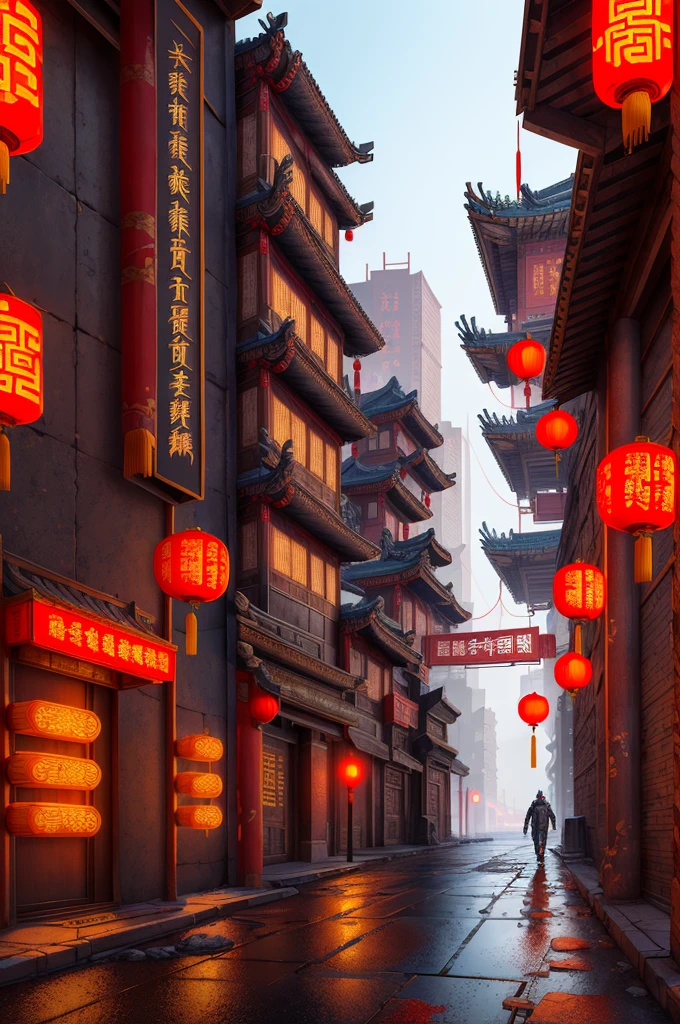 Half ancient Chinese city, half cyberpunk city in futuristic science fiction movie, empty streets, China, Chinese sign, intricate, ultra-detailed, realistic, surreal, high quality, hyper-detailed, crazy detail, photo realism, 8k