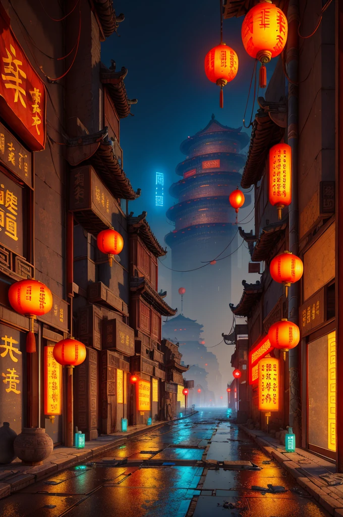 Half ancient Chinese city, half cyberpunk city in futuristic science fiction movie, empty streets, China, Chinese sign, intricate, ultra-detailed, realistic, surreal, high quality, hyper-detailed, crazy detail, photo realism, 8k