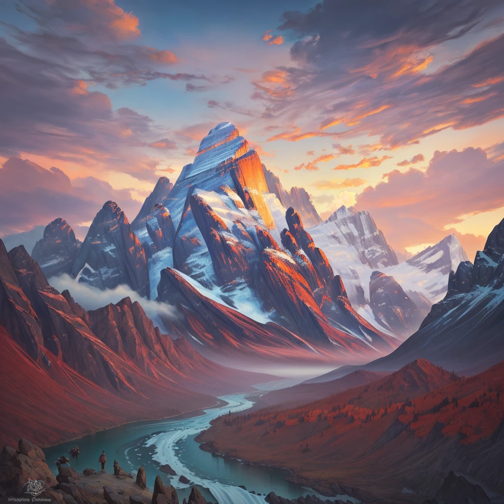 painting of a mountain scene with a river and a mountain in the background, epic fantasy painting, mountainscape, mountain sunrise, epic landscape, realistic fantasy painting, fantasy art landscape, 8k high quality detailed art, fantasy landscape painting, epic digital painting, 4k highly detailed digital art, beautiful digital painting, 4 k digital painting, 4k digital painting