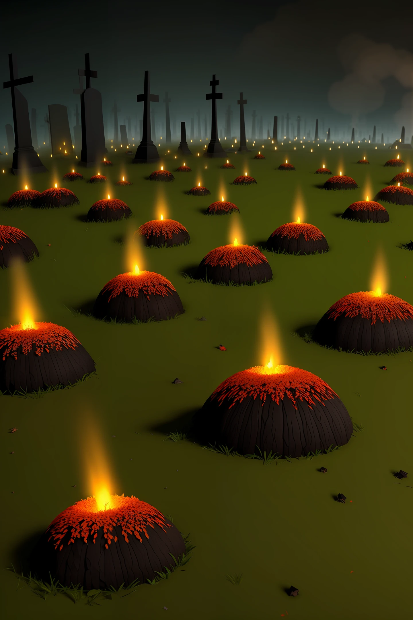 a fungus cordyceps cemetery on death hill, darkness surrounding, smoke and dim light, fantasy 3D, upclose