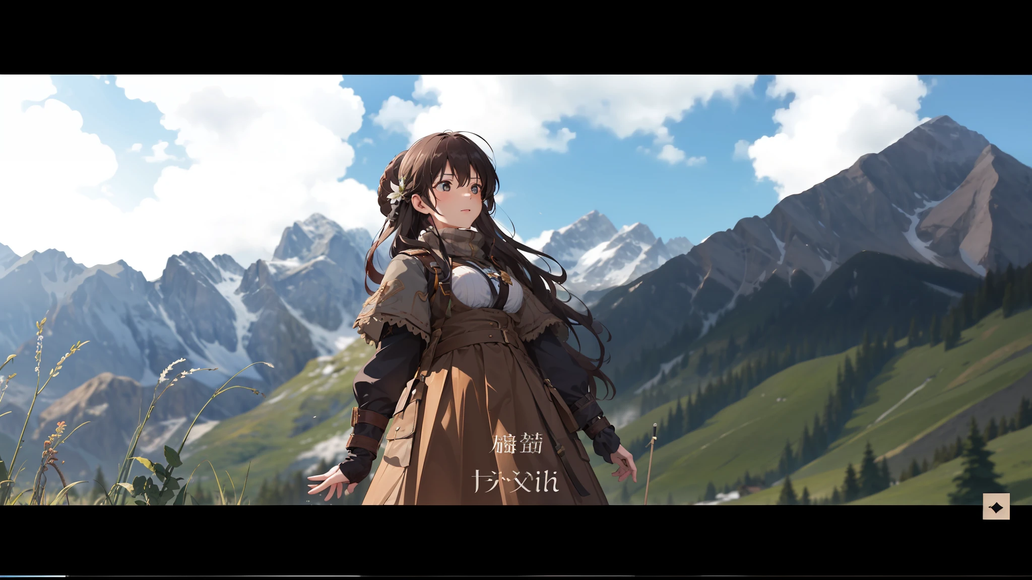 In a field set against the backdrop of mountains, there is only one woman, her name is Heidi, the protagonist of a live-action movie. Dressed in traditional Alpine clothing, she stands in the middle of a field, gazing confidently and haughtily ahead. The whole scene feels very shocking, there is a sense of tension and harmony, the picture resolution is high, you can clearly see the majesty of the Alpine mountains.