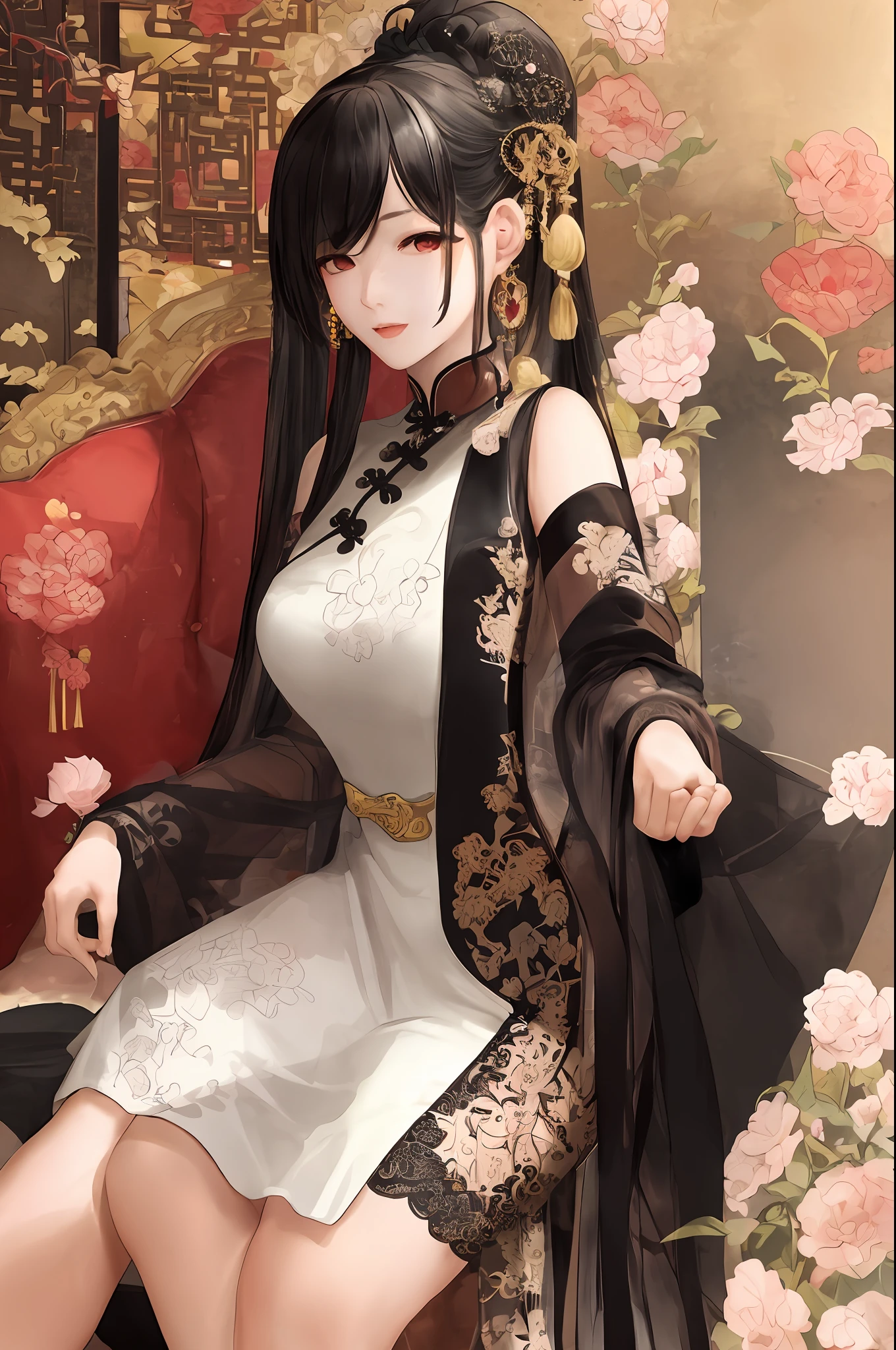 (masterpiece, best quality: 1.2), traditional Chinese ink painting, A cute 18 year old female with medium breasts, sexy white lace , Oversized dress :1.5, Couch, Ultra-detailed face, Detailed eyes, Double eyelid, sfw , long dress,