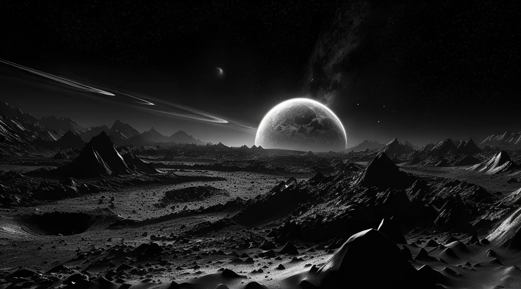 a black and white photo of a planet with a moon in the background, an alien landscape view, alien surface planet, moonscape, exoplanet landscape, stunning alien landscape, beautiful alien landscape, lunar landscape, landscape of an alien world, alien landscape, an alien landscape, moon landscape, alien breathtaking landscape, amazing alien landscape, planetary landscape, alien planet, an alien planet