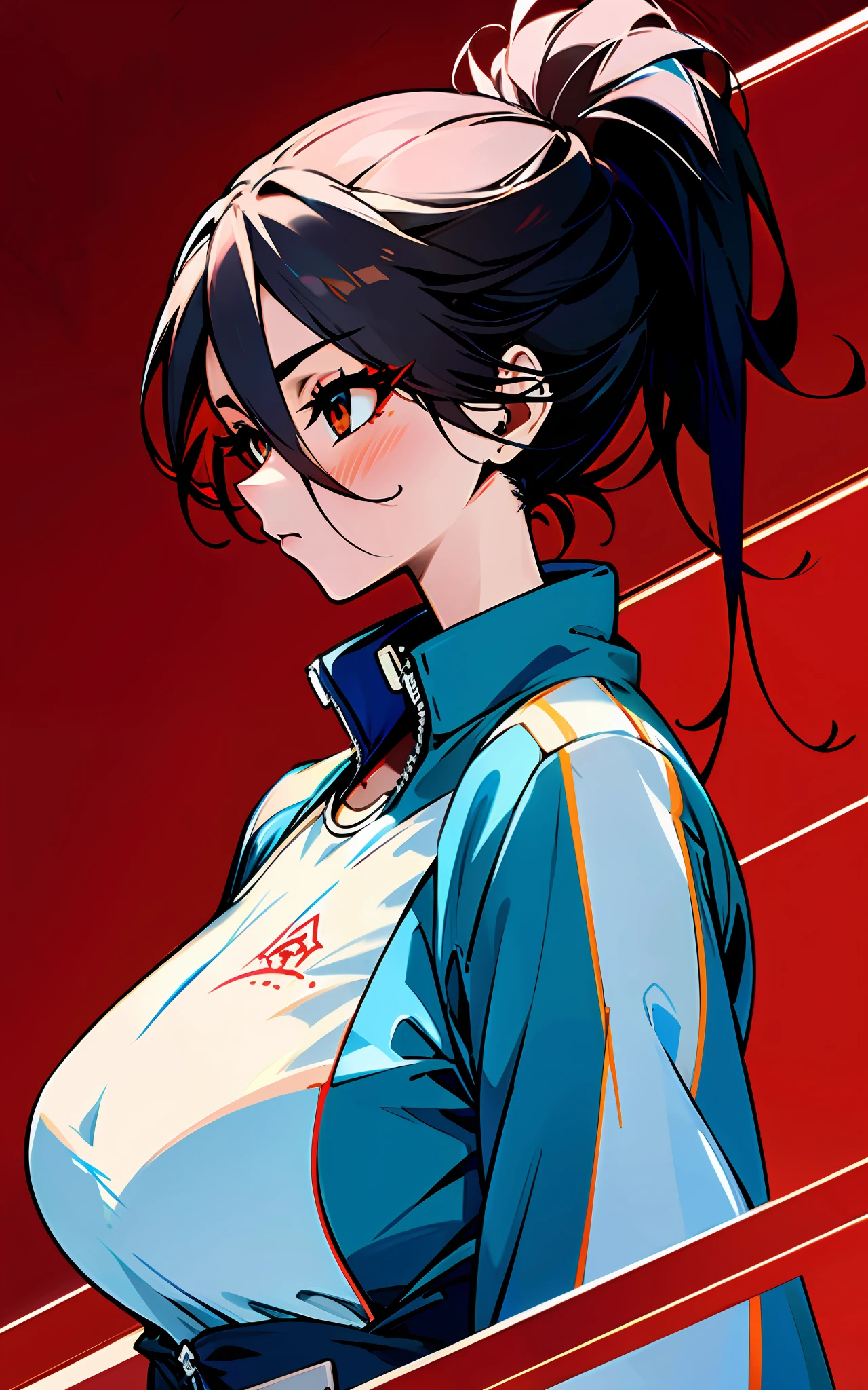 masterpiece, best quality, anime, movie, side view, expressionless, day, red eyeshadow Red Eyeliner: 1.2, HUGE BREASTS, Track Jacket, Upper Body