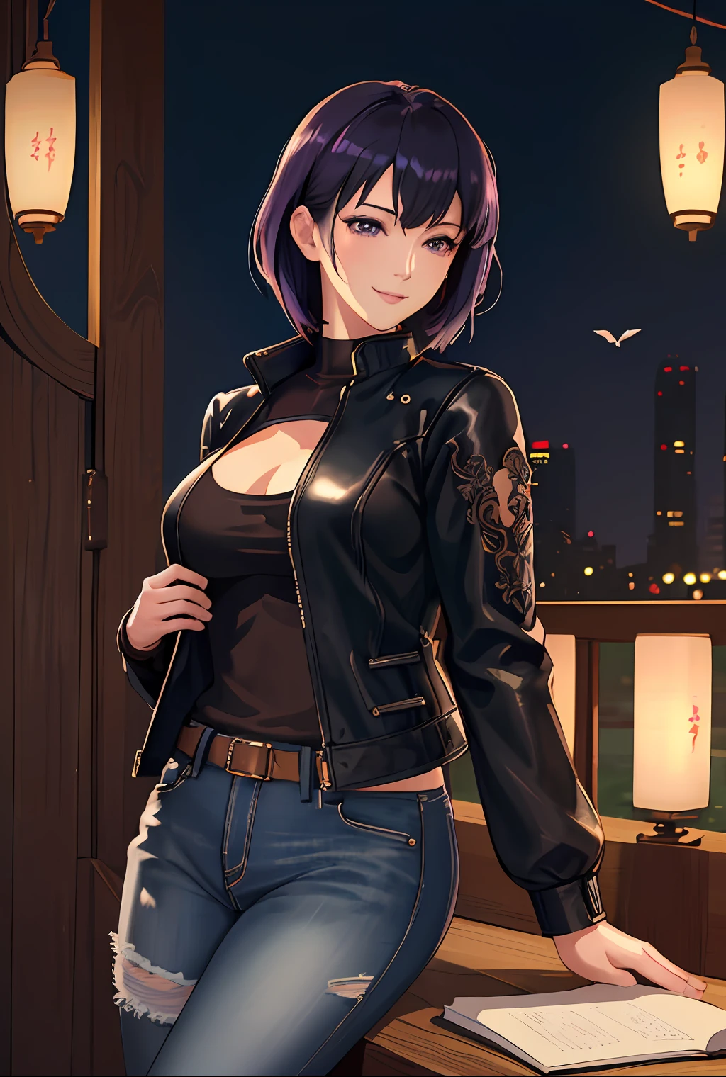 masterpiece, best quality, illustration, beautiful detailed, finely detailed, dramatic light, intricate details, 4k photo, high resolution, Intricate, High Detail, Sharp focus, Motoko Kusanagi, smile, cute, short hair, black jacket, jeans, hanami, romantic, outdoor, casual