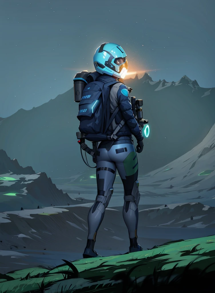 There is a woman with a backpack standing on a hill, glowing spacesuit, avant-garde adventure sci-fi, star seeker character, sci-fi character, starfinder style with futuristic gear and helmet, sci-fi pilot, sci-fi character, original concept art, starfinder style, sci-fi character concept, epic sci-fi character art, sci-fi skin