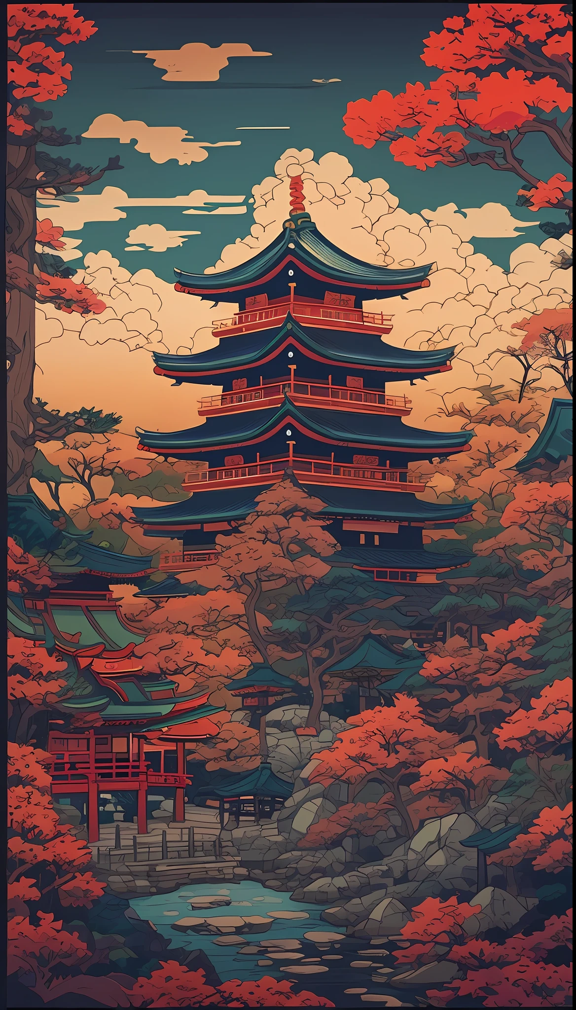 a poster of a pagoda in the middle of a forest, japanese art style, japanese inspired poster, studio ghibli and dan mumford, japan poster, eastern art style, kyoto inspired, inspired by Torii Kiyomasu, inspired by Yoshida Hanbei, inspired by Torii Kiyomitsu, inspired by Utagawa Hiroshige II