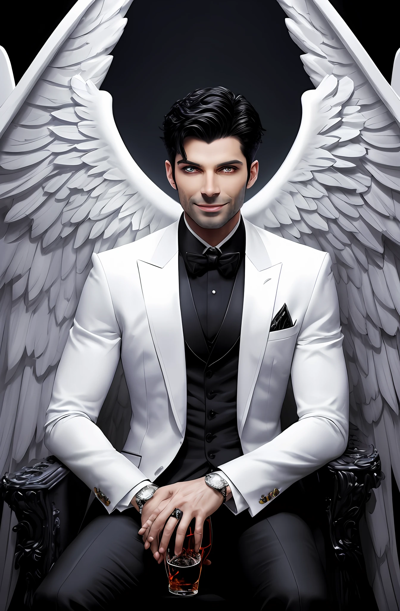 (8k, best quality, masterpiece:), Lucifer Morningstar, one masculine British male angel with dark hair, mischievous smile, white wings, devil, fallen angel, bright glowing light in the background, details, dark suit, club theme, 1:1, sitting on a throne drinking whiskey