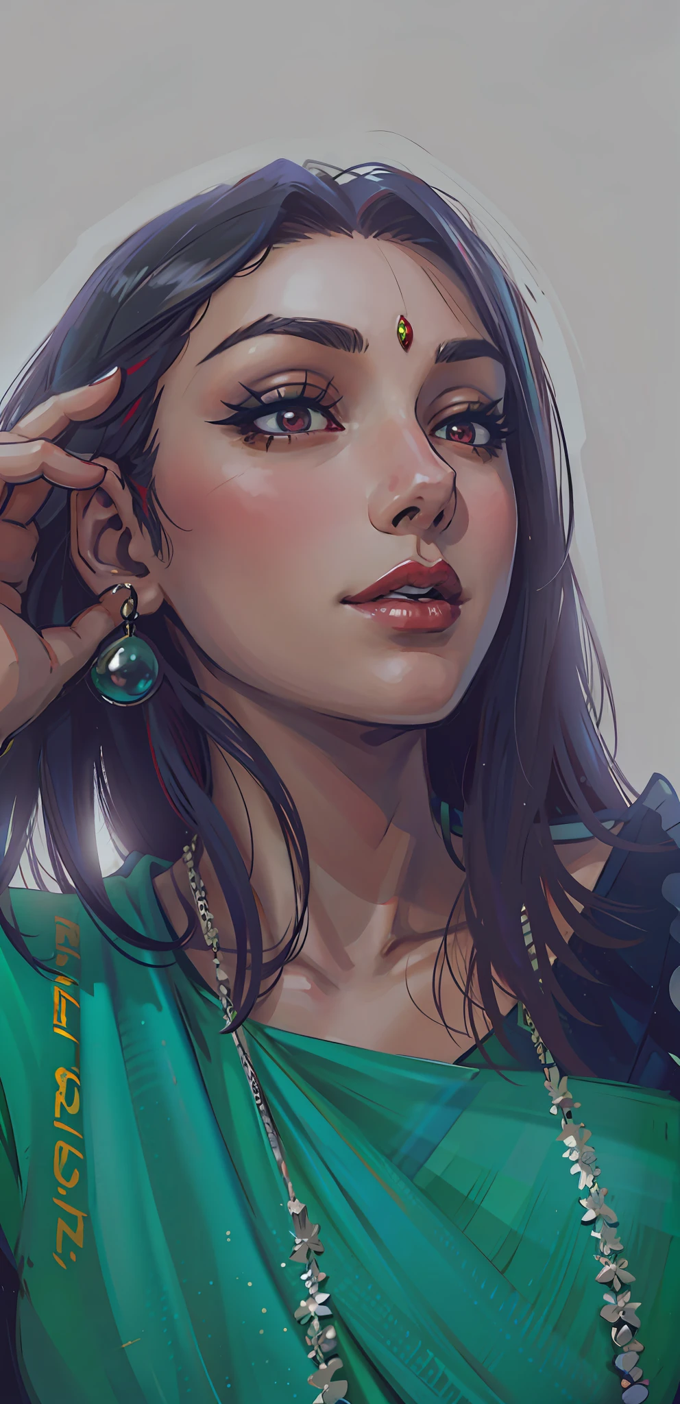 (masterpiece),(best quality:1.0), (ultra highres:1.0), detailed illustration, 8k, anime, 1girl, beautiful anime girl, wearing a green sari, sari, pretty face, detailed face, beautiful eyes, detailed eyes, dark red eyes, highlights in eyes, bright red lips, closed lips, red lipstick, beautiful stylish hair, highlights in hair, anime style, best quality, vibrant