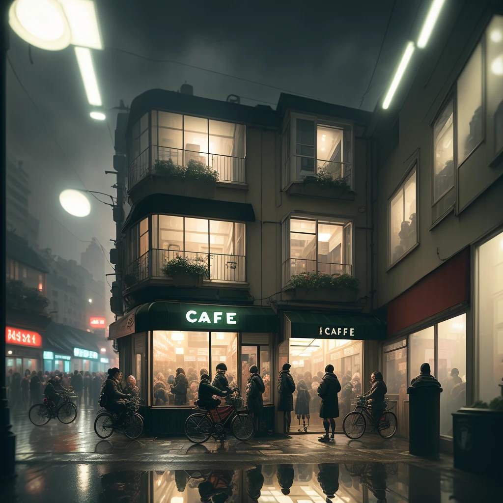 Portrait of a cafe, wet street, buildings, crowded street without people, cycle, rubbish, nostalgia, super quality, high detail, ( 3:9 ) Liam Wong