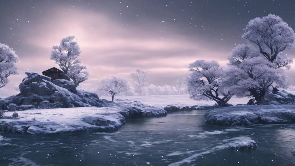 snowy landscape with a river and trees in the middle of it, winter scene fantasy, background artwork, snowy landscape, winter concept art, snowy environment, beautiful snowy landscape, snow landscape, snow landscape background, 4k highly detailed digital art, 8k high quality detailed art, cold snowy, surreal frozen landscape, winter landscape, mystic winter landscape, 4k hd matte digital painting