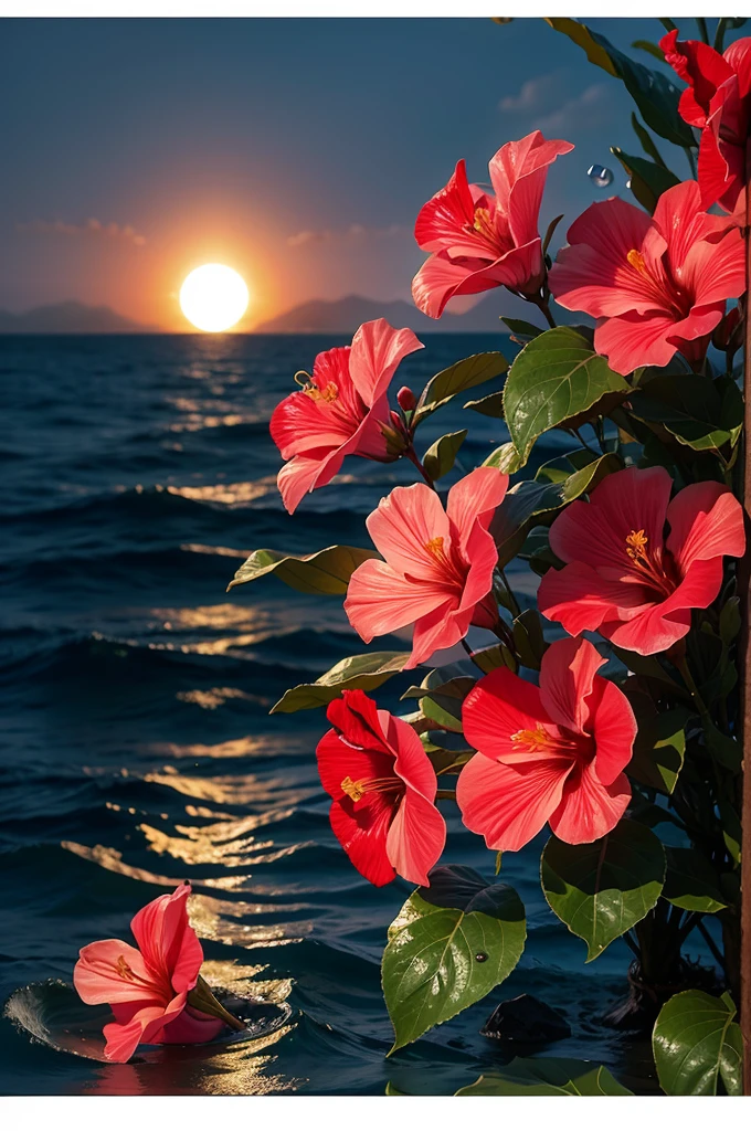 hibiscus Moon with water drops,neon glow, random background, sun rise, bokha mood