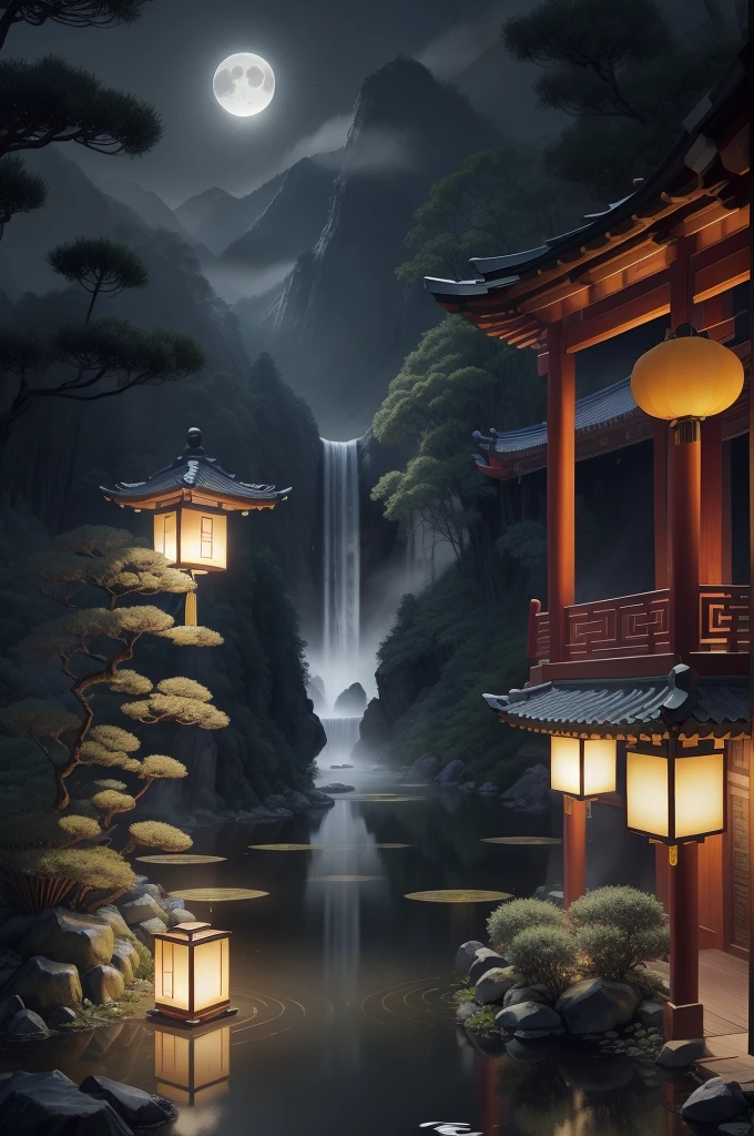 masterpiece,best quality,Chinese martial arts style,an asian night scene with lanterns and water lilies,asian pond with many lanterns and boatsa night scene with many lights and boats in the water, Lake surface, lotus flowers,beautiful night scene,(((Chinese martial arts style))), with vast sky, continuous mountains and steep cliffs, ink wash style, outline light, atmospheric atmosphere, depth of field, mist rising, bamboo, pine trees, octagonal stone pavilion, waterfall flowing water,big full moon,(No color) , Monochrome, light color,