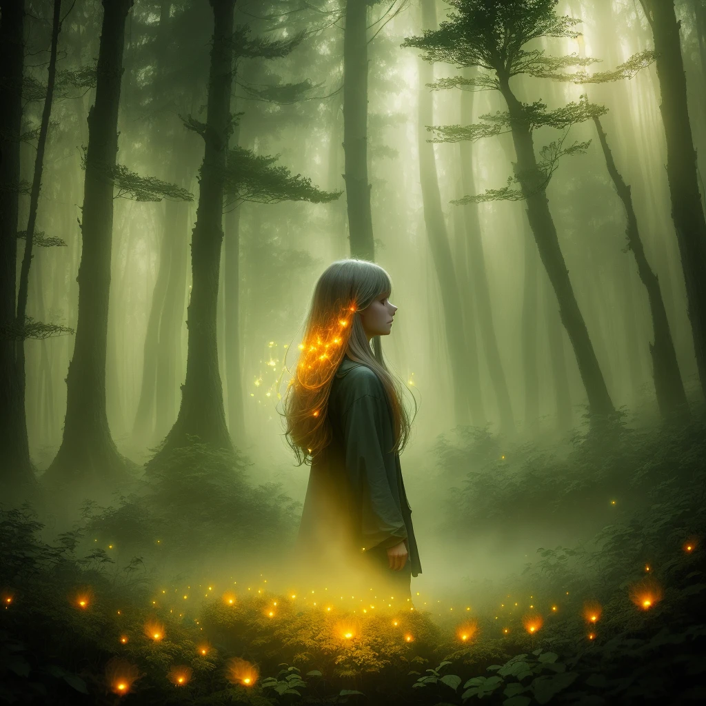hair,forest,mist,fog,glowing fireflies