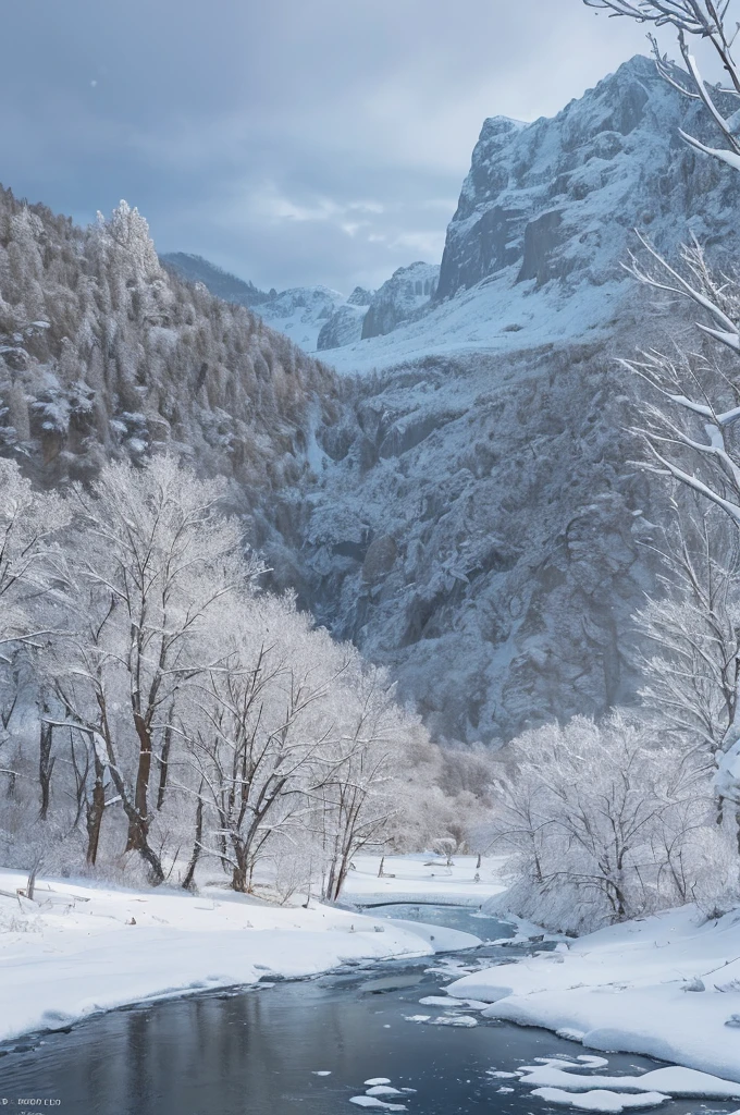 snowy landscape with a river and trees in the middle of it, winter scene fantasy, background artwork, snowy landscape, winter concept art, snowy environment, beautiful snowy landscape, snow landscape, snow landscape background, 4k highly detailed digital art, 8k high quality detailed art, cold snowy, surreal frozen landscape, winter landscape, mystic winter landscape, 4k hd matte digital painting