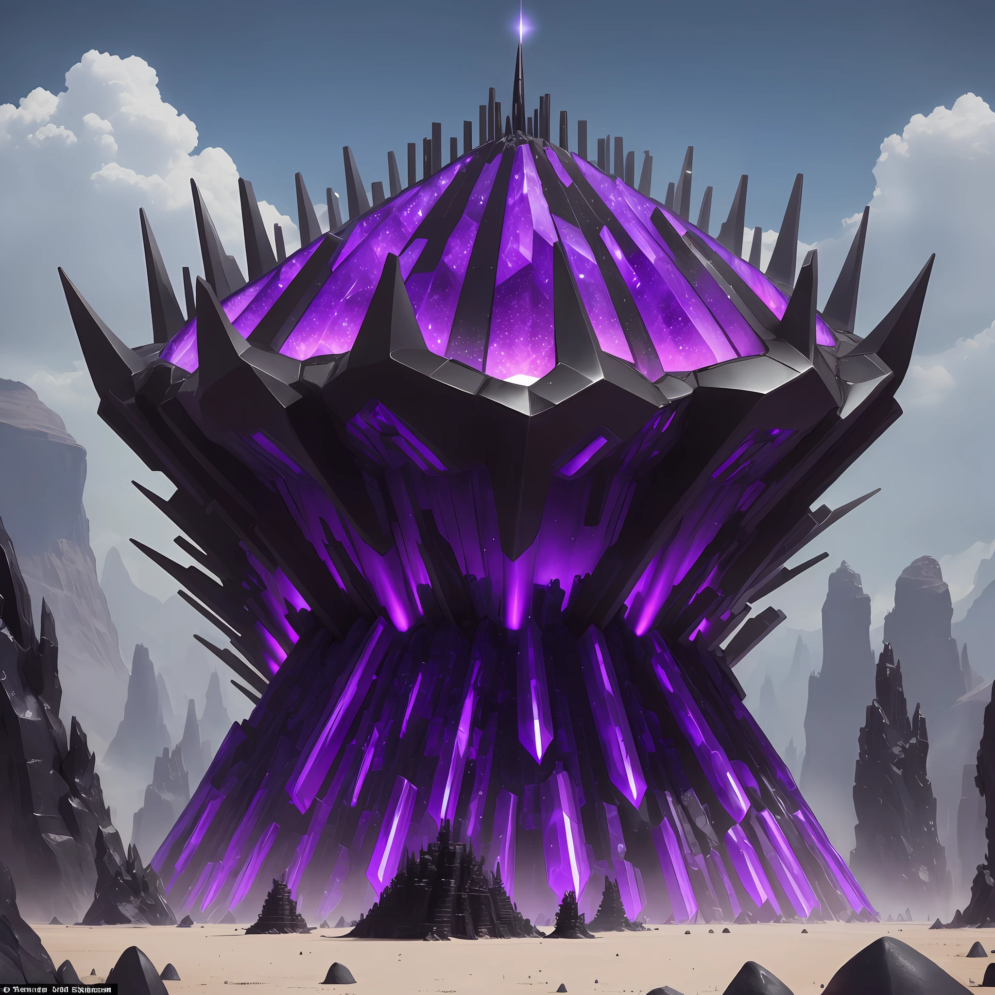 epic ominous alien sanctuary made of giant obsidian spikes leaning against each other with sparkling violet crystals around its body built on sand