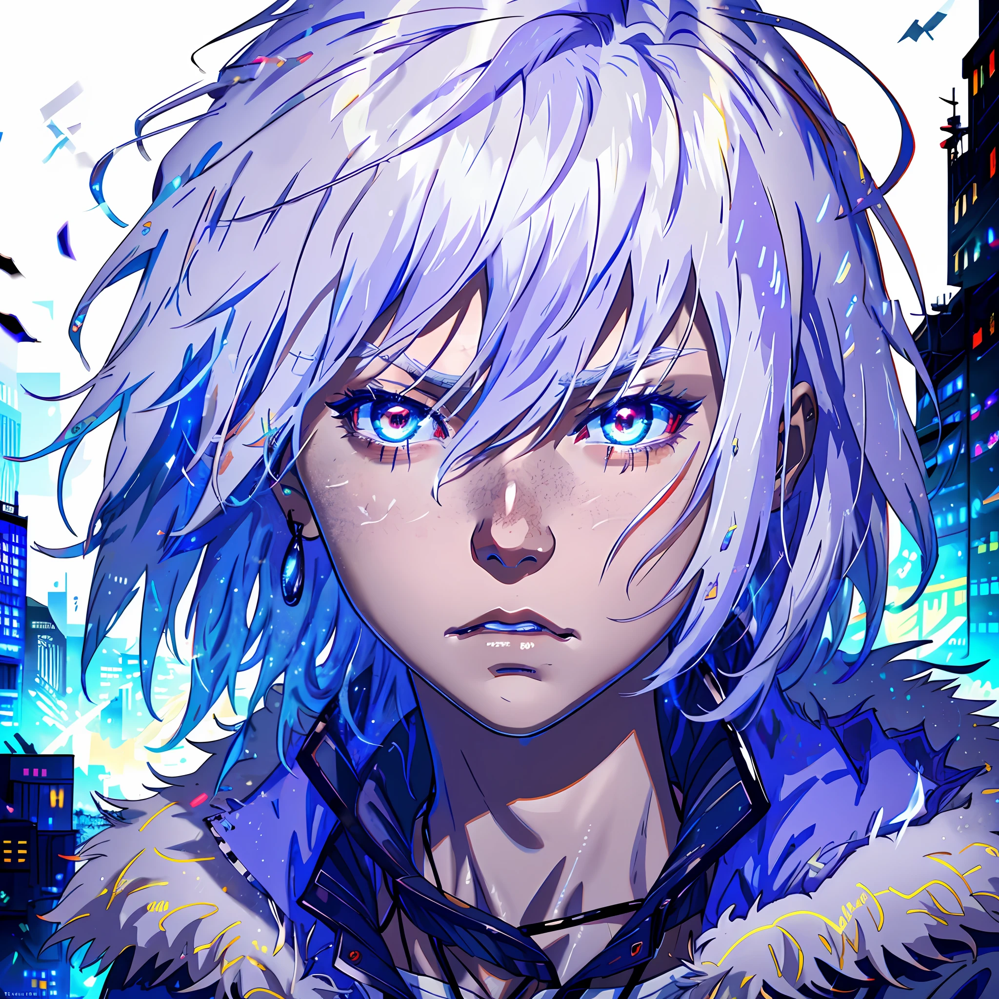 Anime humanoid monster, character design,wearing a fur coat,dark, serious face,boy,messy unkept hair,hair covering right eye, vibrant eye color,red and blue eyes,(white hair), close up shot, creating a crack in reality, powerful aura, destroyed city, very dark,night,8k,64k, HD, unparalleled masterpiece, dynamic lighting, cinematic, epic Highest quality digital art, Stunning art, wallpaper 4k, ultra hyper detailed, highest resolution,close up shot, selfie pose, selfie