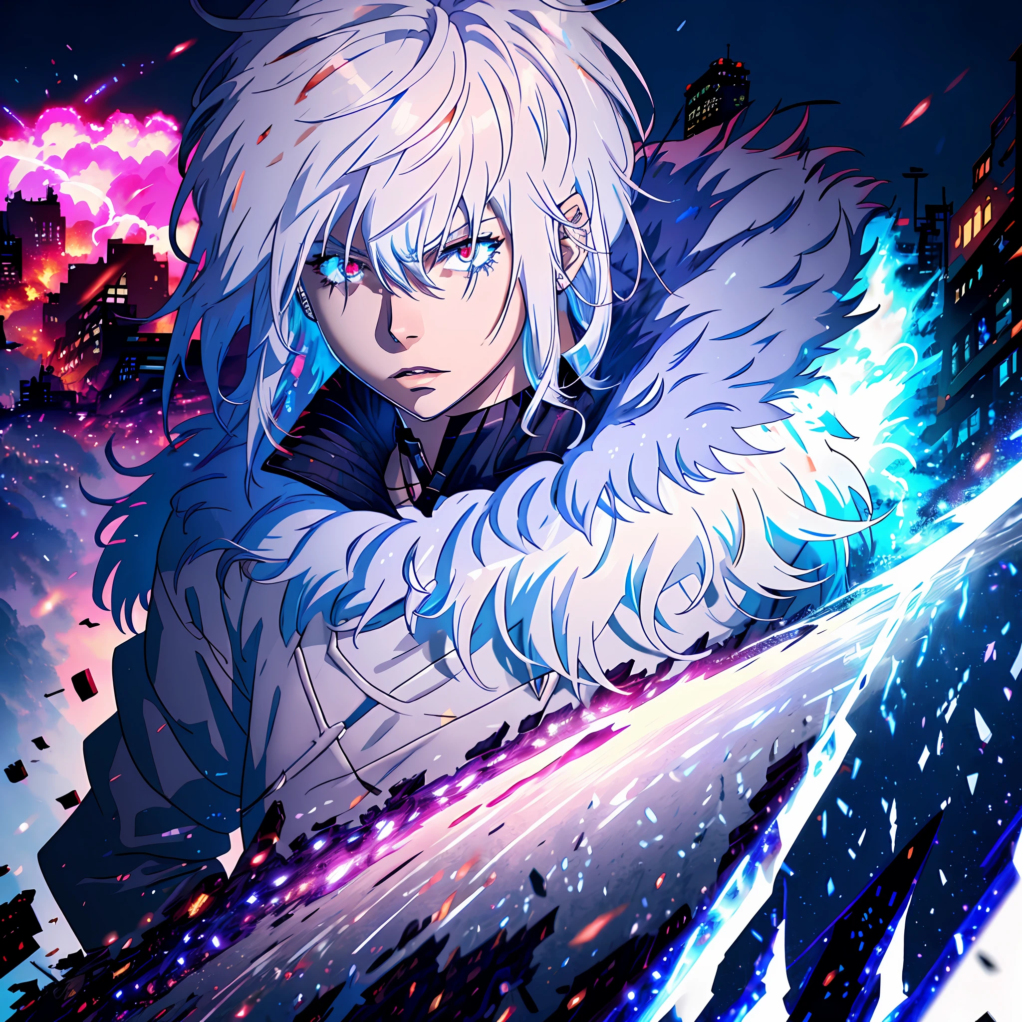Anime humanoid monster, character design,wearing a fur coat,dark, serious face,boy,messy unkept hair,hair covering right eye, vibrant eye color,red and blue eyes,(white hair), close up shot, creating a crack in reality, powerful aura, destroyed city, very dark,night,8k,64k, HD, unparalleled masterpiece, dynamic lighting, cinematic, epic Highest quality digital art, Stunning art, wallpaper 4k, ultra hyper detailed, highest resolution,close up shot, selfie pose, selfie