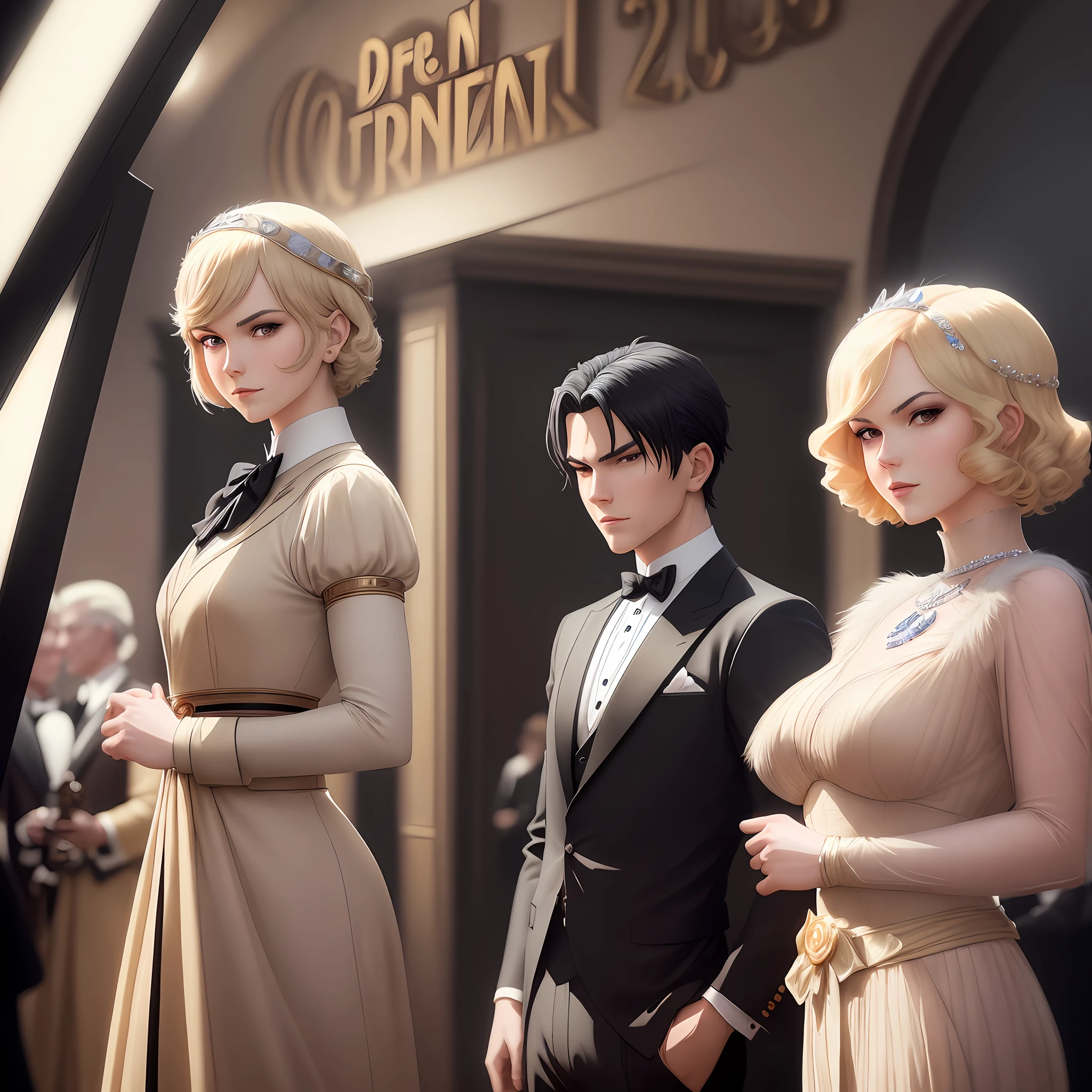 Araferd image of a group of people dressed in formal wear, key art, movies. Art Deco, Biopic, Poster Shoot, 1920s Film, HD Art, Full Scene Shoot, Martin Ansing Art Portrait, Official Art, J. C. Leyendecker 8 K, HD Art, Film Promotional Image, Roaring 20s, Art Deco, ((2D Anime Style))