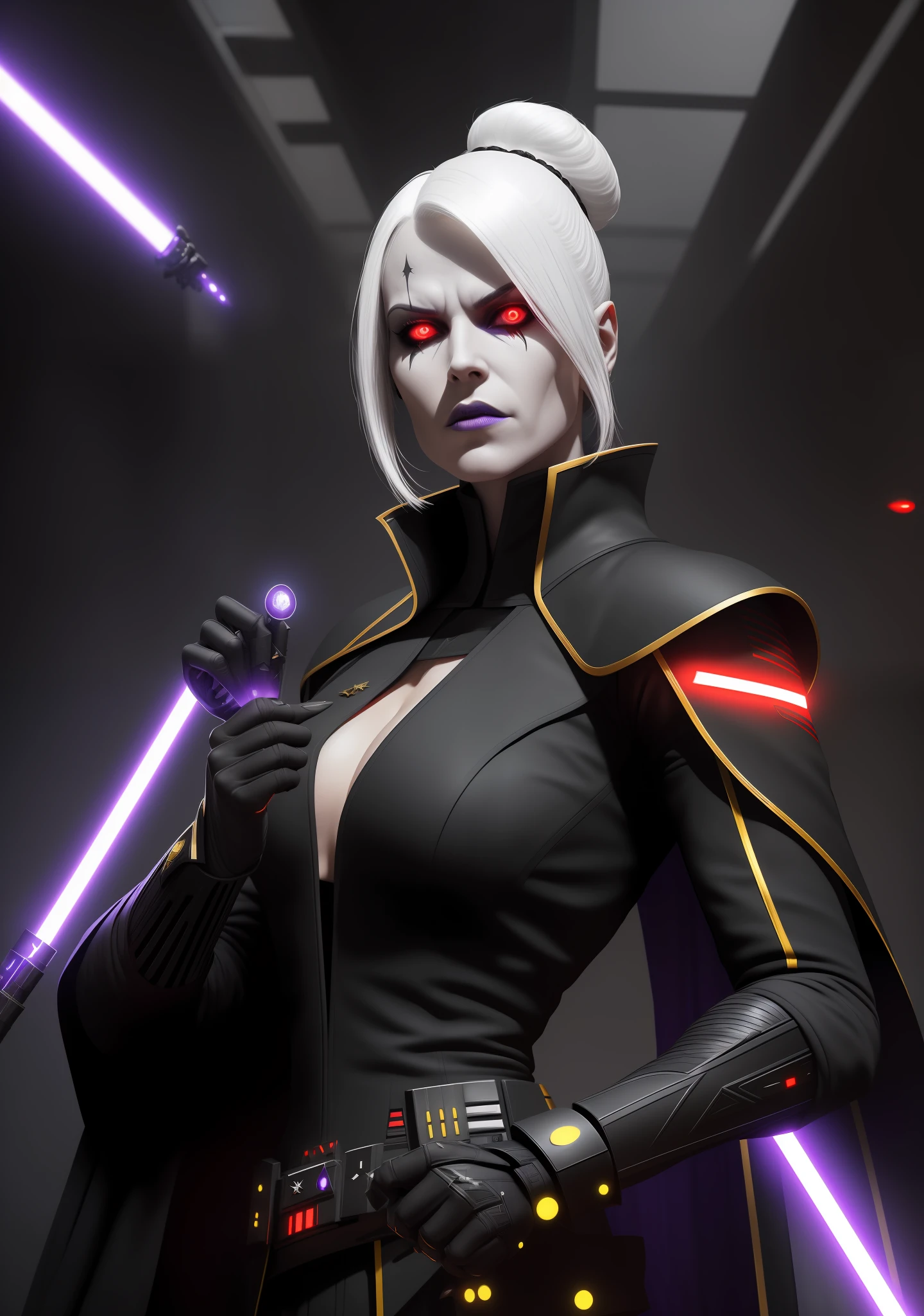 masterpiece, high quality, sharp focus, upper body portrait of a female sith inquisitor, white hair, black imperial outfit, admiral uniform with black capes, glowing yellow sith eyes, star wars, perfect jawline, textured skin, beautiful lips, purple lighting, sci-fi scene, evil atmosphere, evil vibe, 8k, uhd, absurdres
